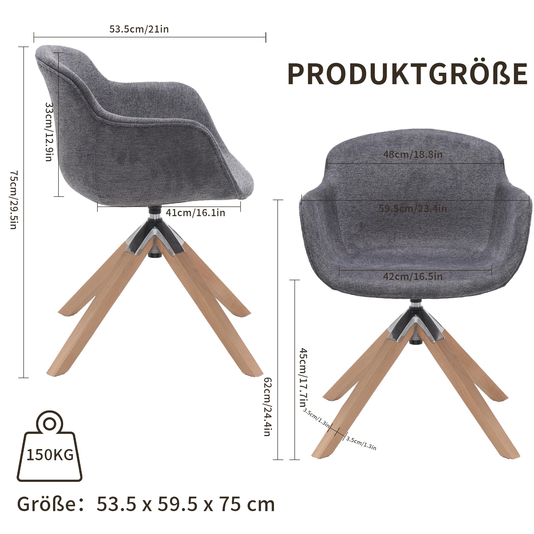 Drehbarer Esszimmerstuhl 2er-Set mit Holz/Metallrahmen