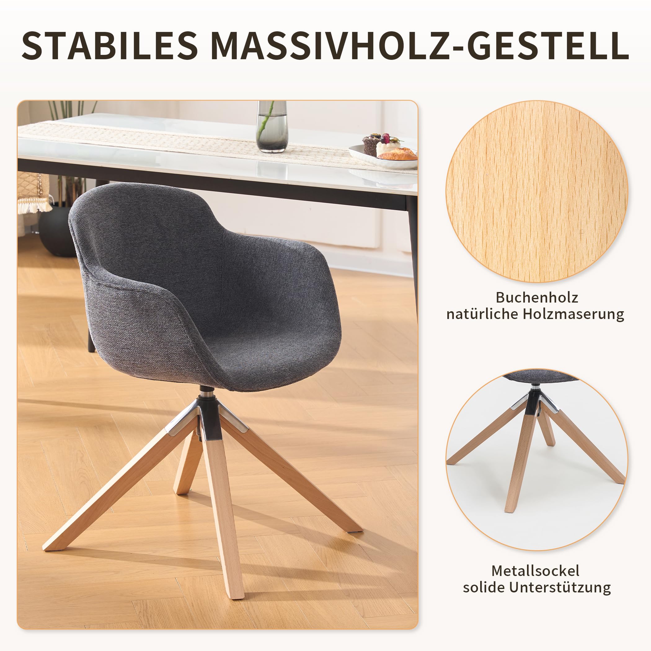 Drehbarer Esszimmerstuhl 2er-Set mit Holz/Metallrahmen