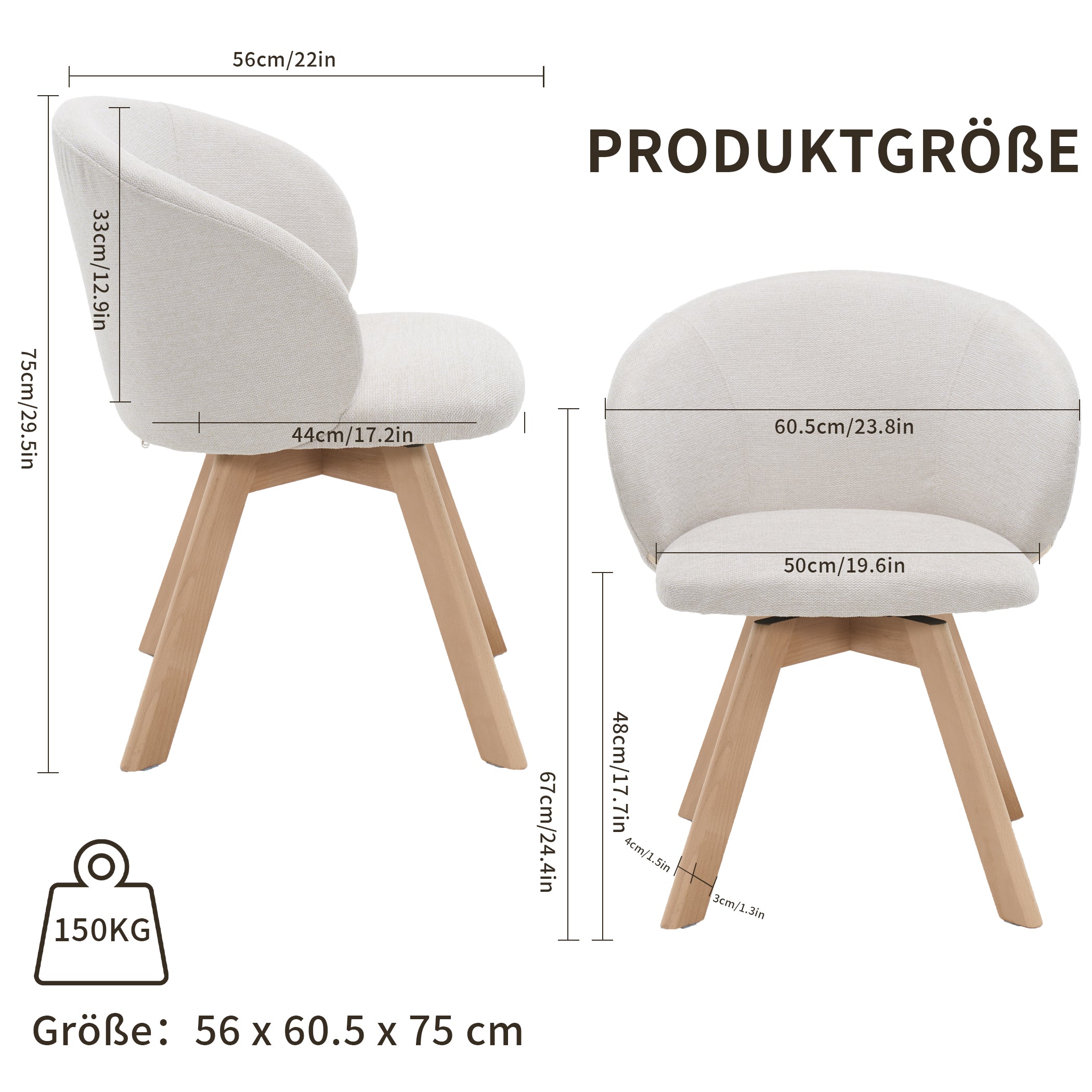 Drehbarer Esszimmerstuhl 2er-Set mit Holzbeinen