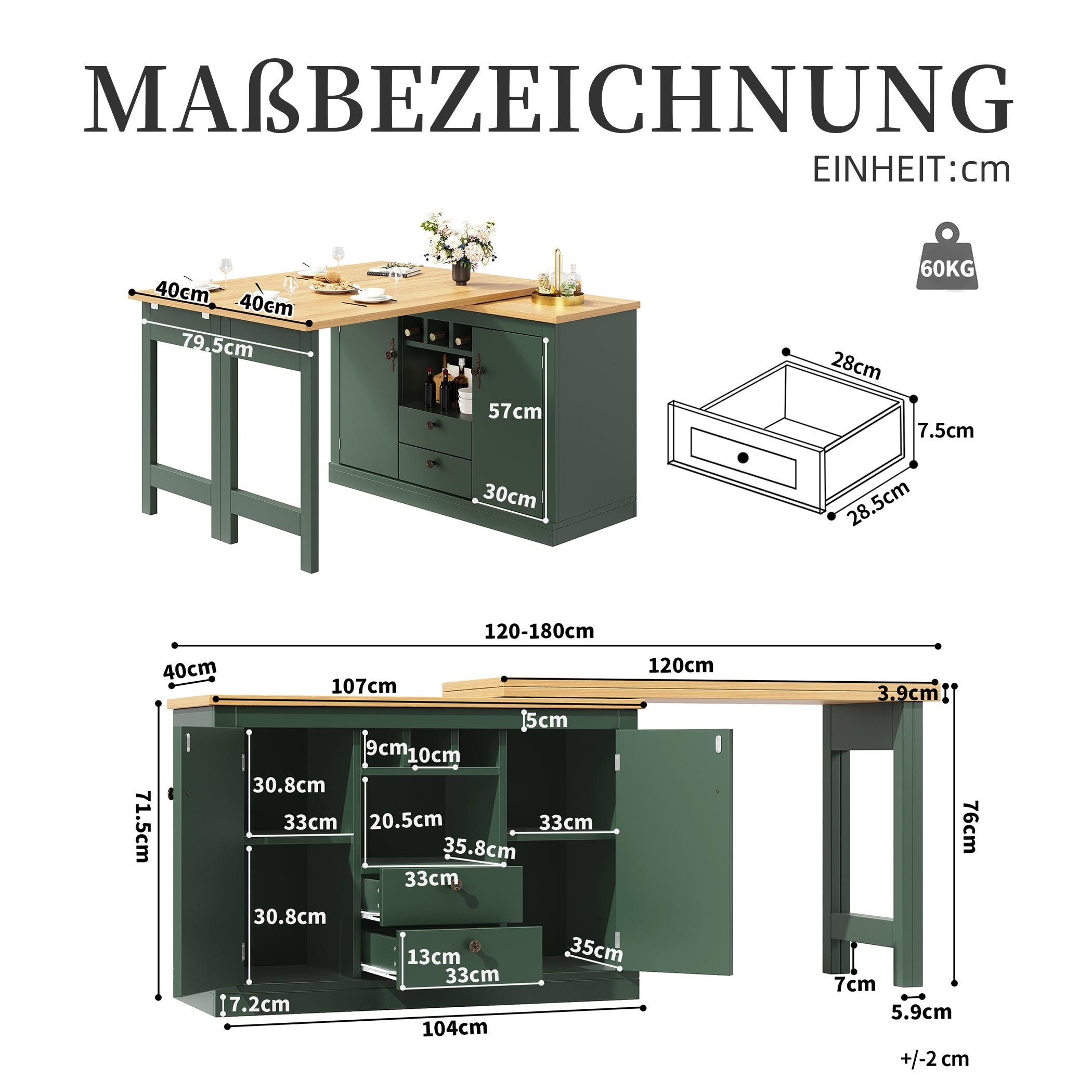 Ausziehbarer Bartisch mit 360° Drehfunktion und Stauraum, von 120-180cm