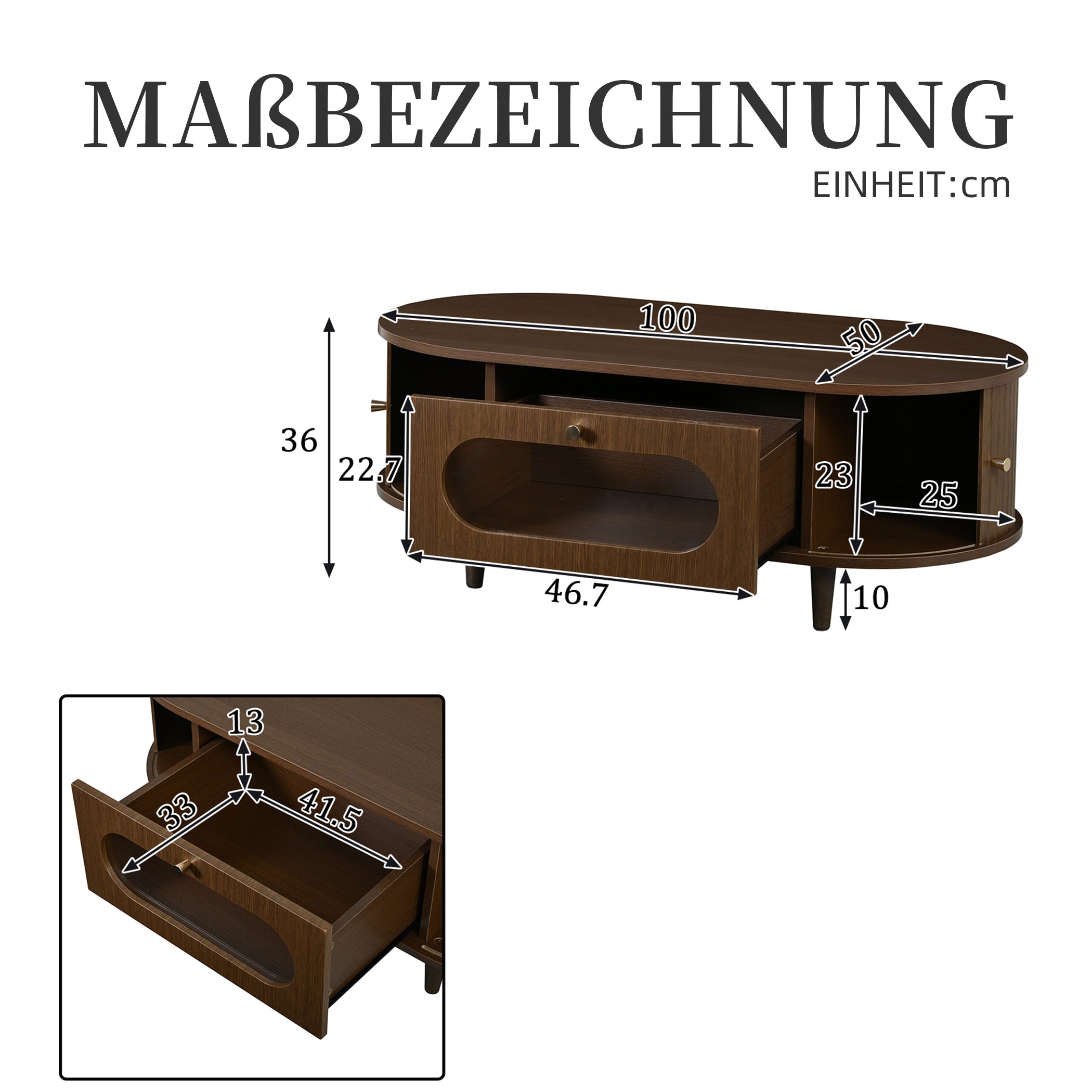 Ovaler Couchtisch mit Schiebetüren & Schublade