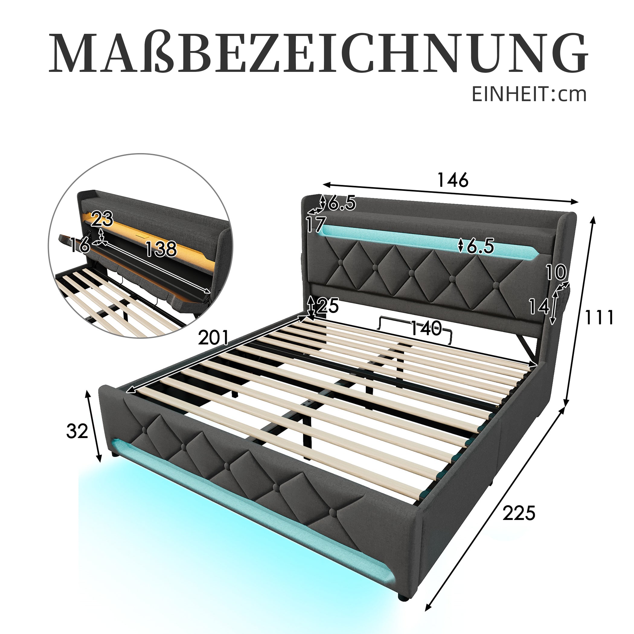 Polsterbett Leinen Stauraumbett mit LED & USB-Anschlüssen