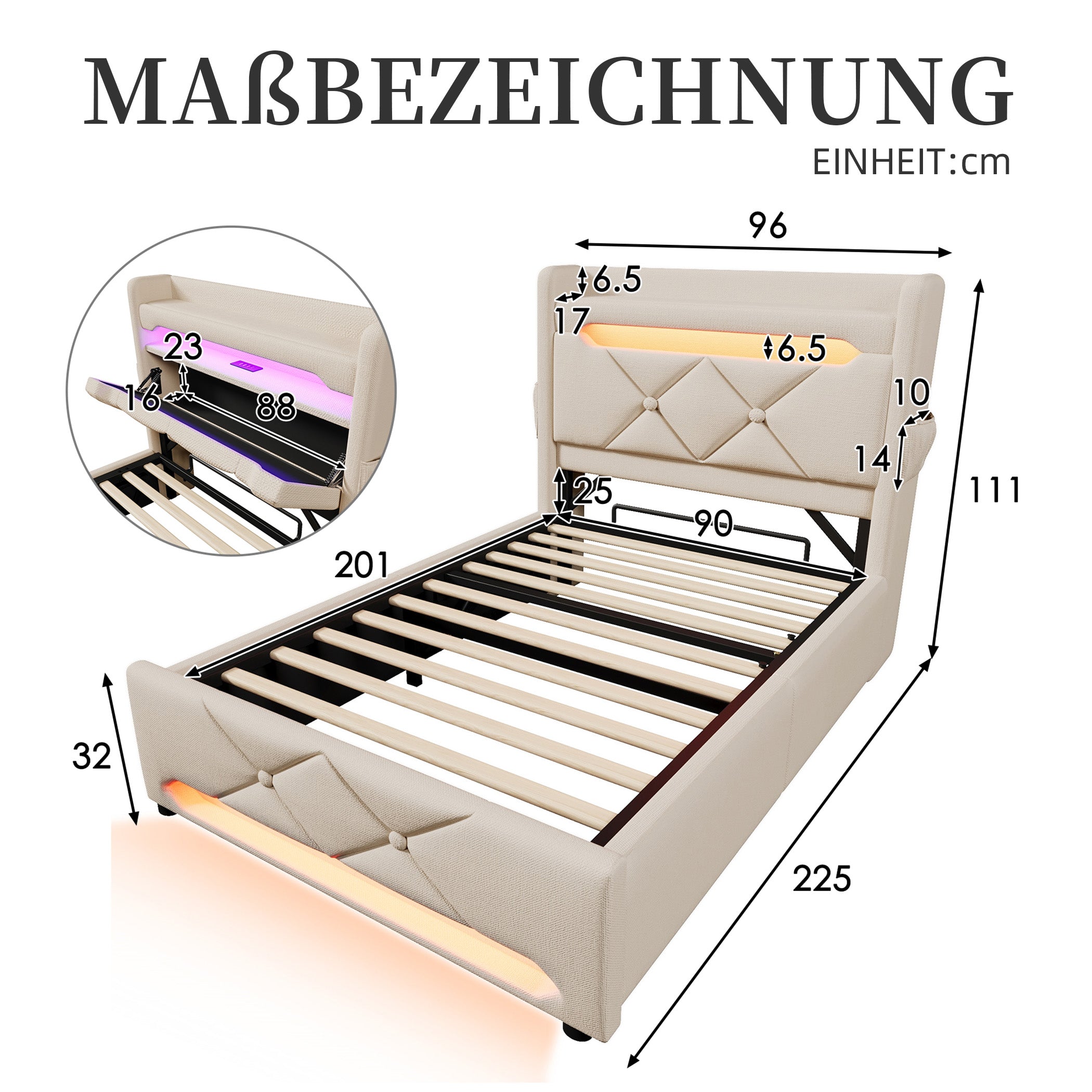 Polsterbett Leinen Stauraumbett mit LED & USB-Anschlüssen