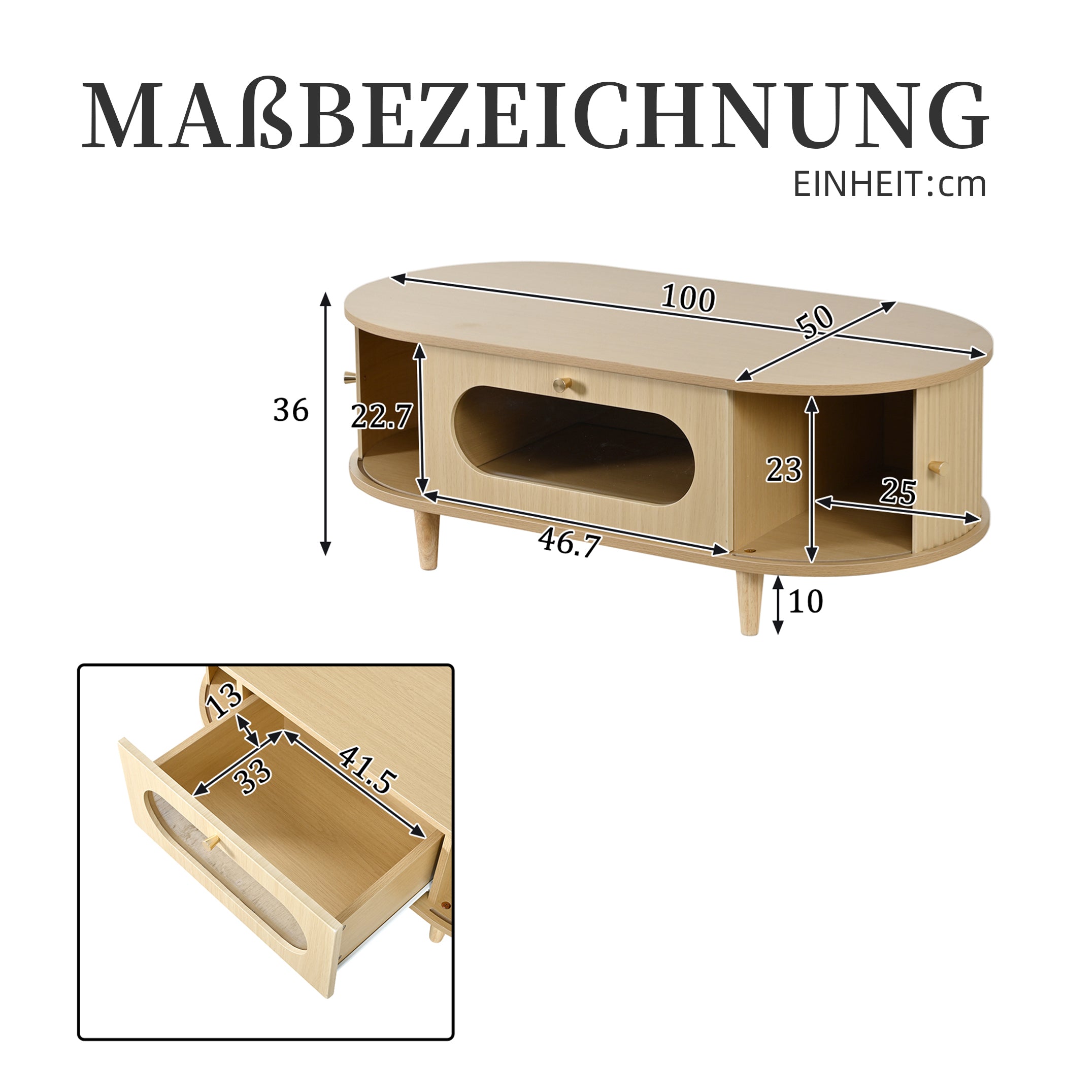 Ovaler Couchtisch mit Schiebetüren & Schublade