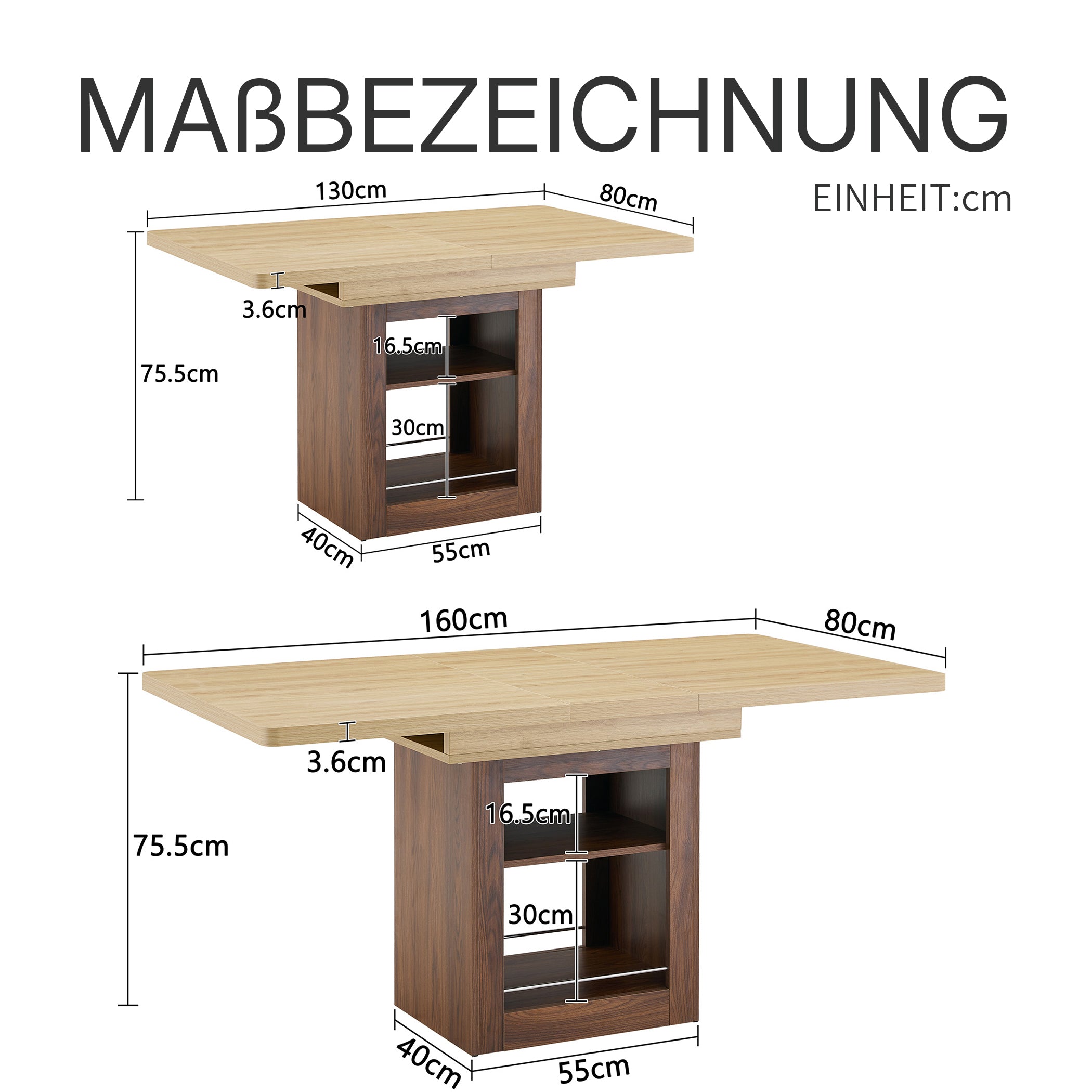 Ausziehbarer Esstisch mit Stauraum-Sockel, 130(160) x 80 cm