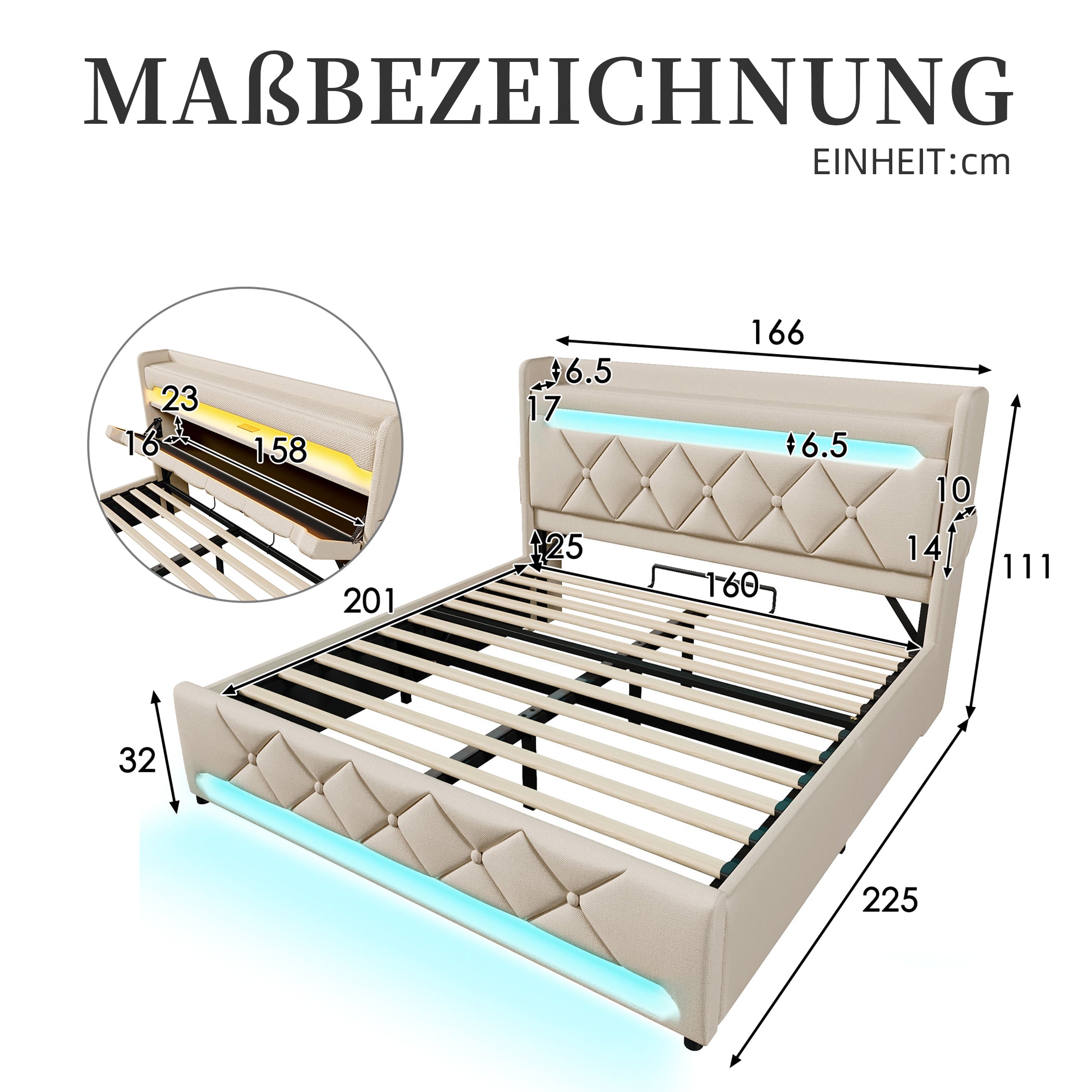 Polsterbett Leinen Stauraumbett mit LED & USB-Anschlüssen