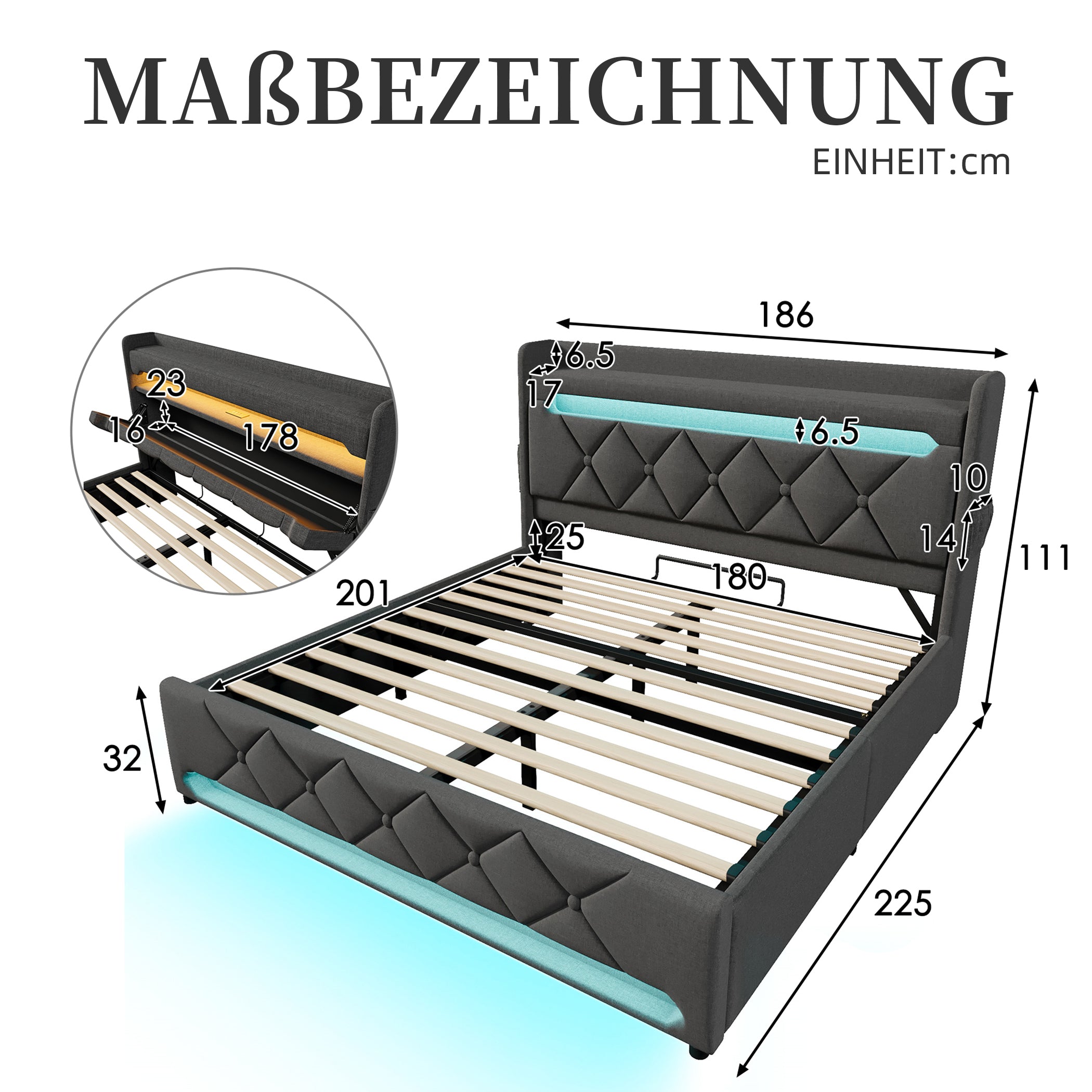 Polsterbett Leinen Stauraumbett mit LED & USB-Anschlüssen
