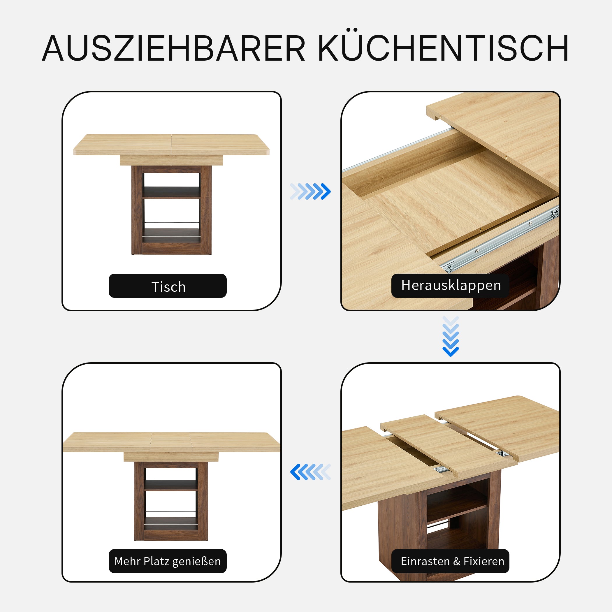 Ausziehbarer Esstisch mit Stauraum-Sockel, 130(160) x 80 cm