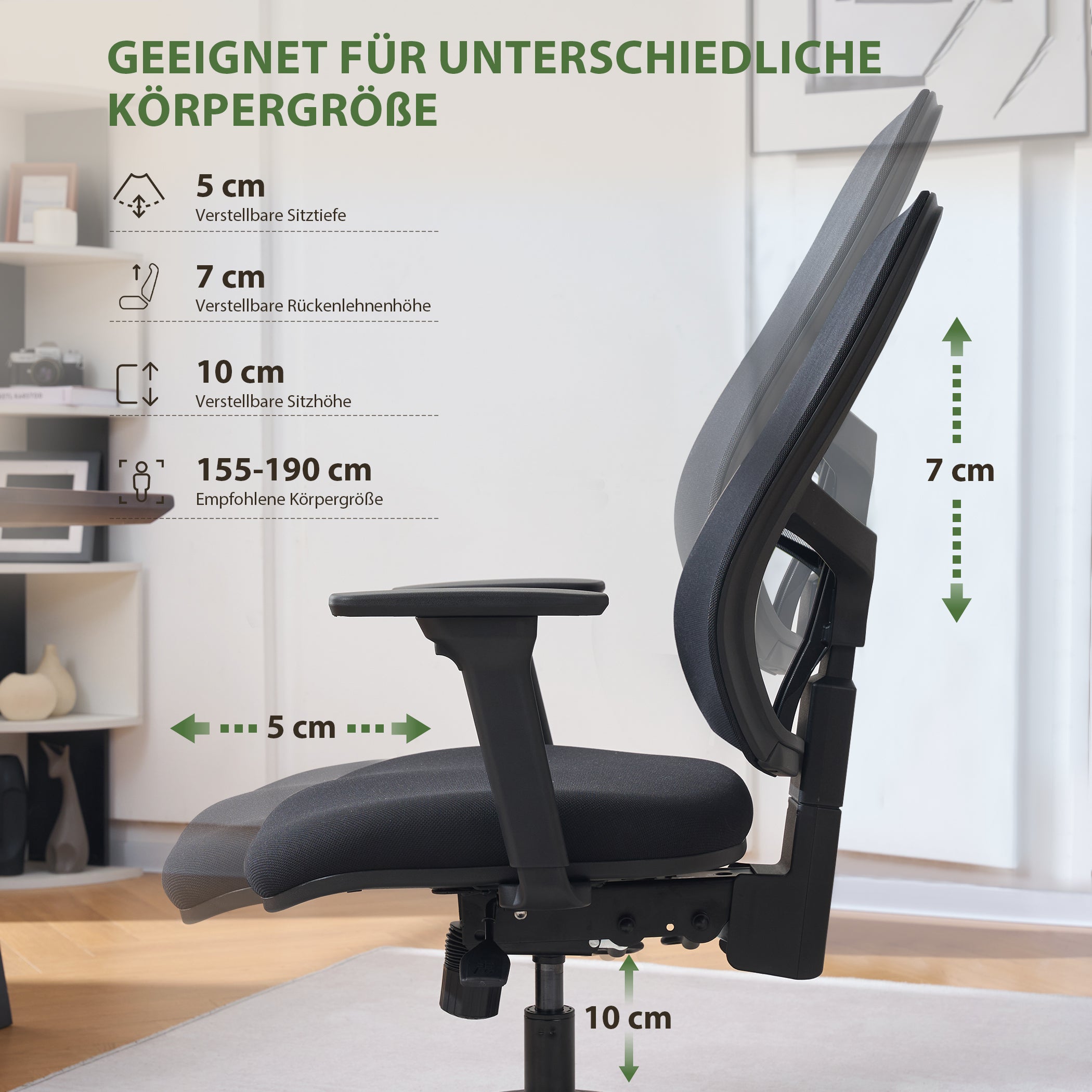 Ergonomischer Bürostuhl mit verstellbare Sitztiefe