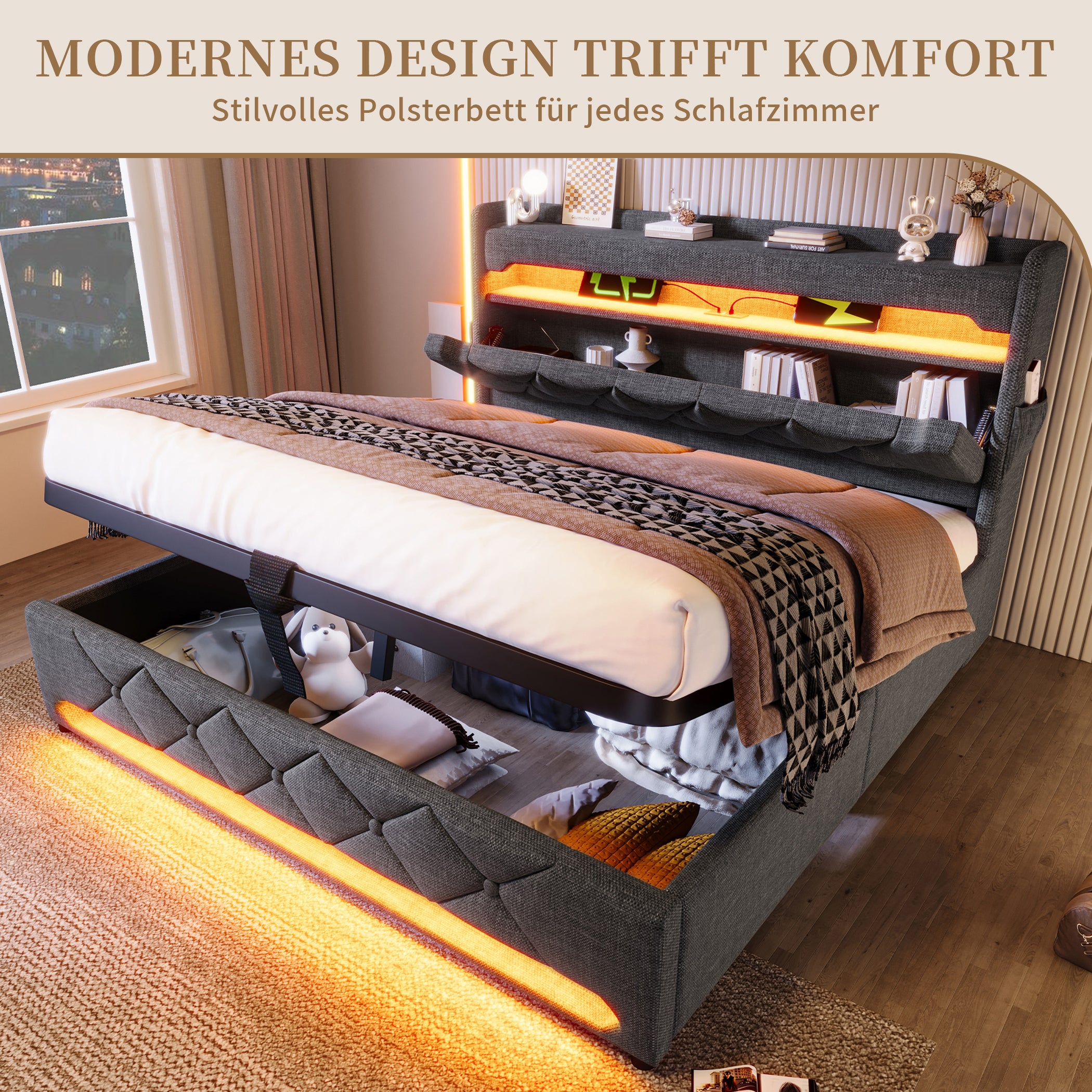 Polsterbett Leinen Stauraumbett mit LED & USB-Anschlüssen