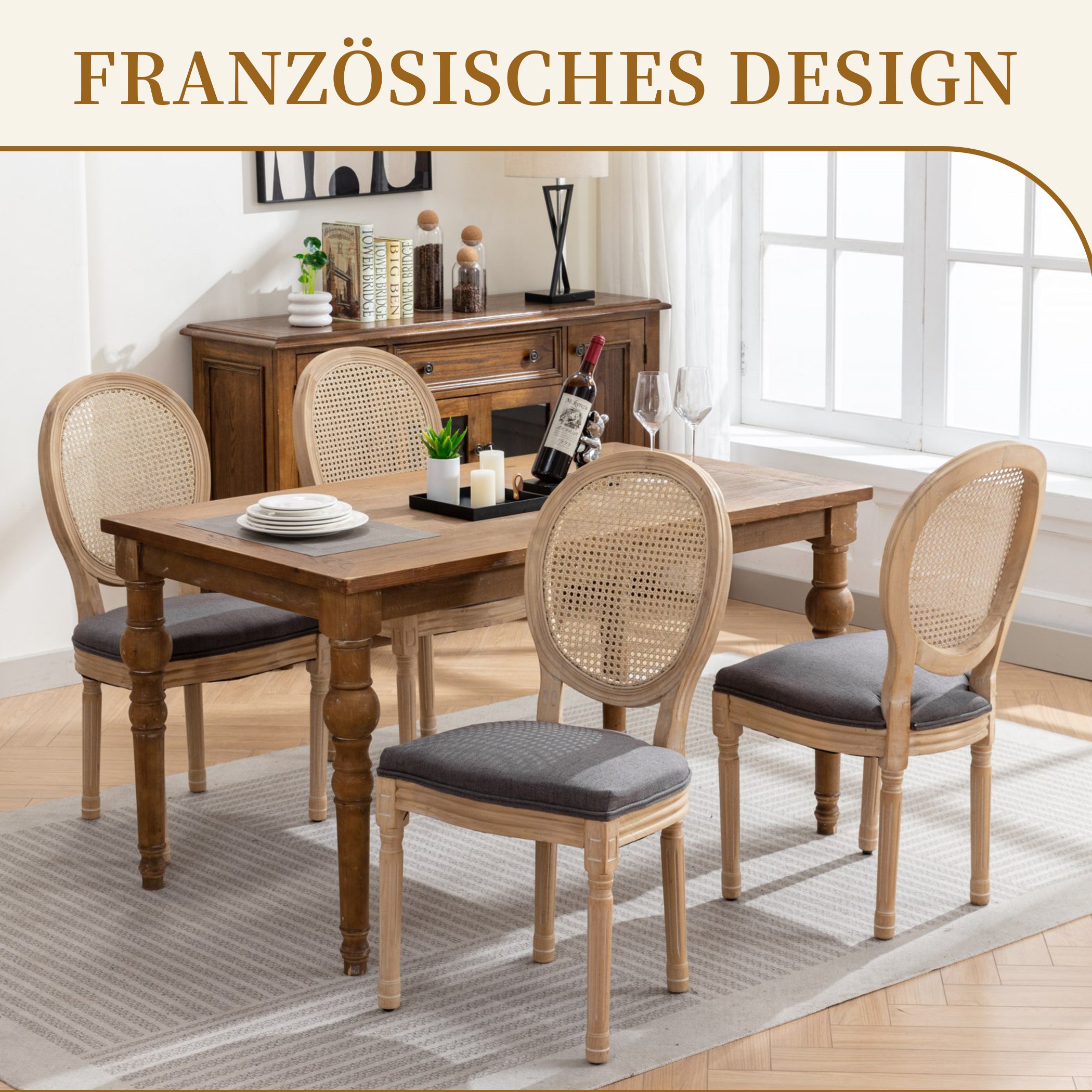 Esszimmerstühle 2er Set mit Rattan-Rückenlehne