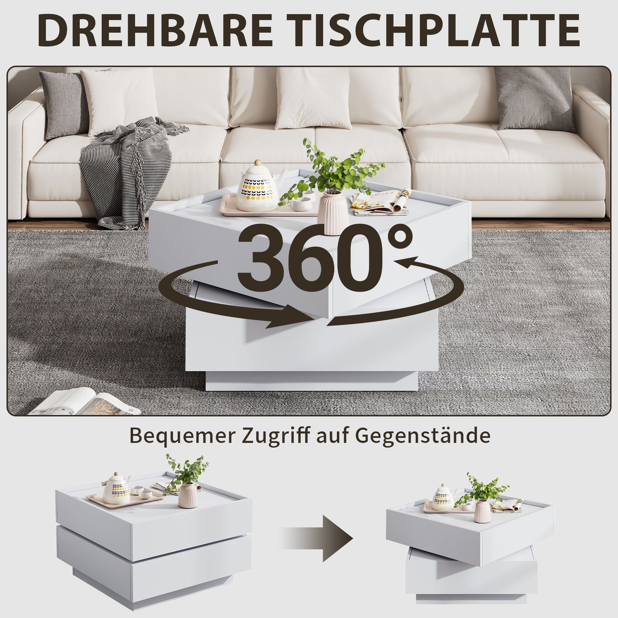 360° Drehbare Couchtisch mit 2 Schubladen