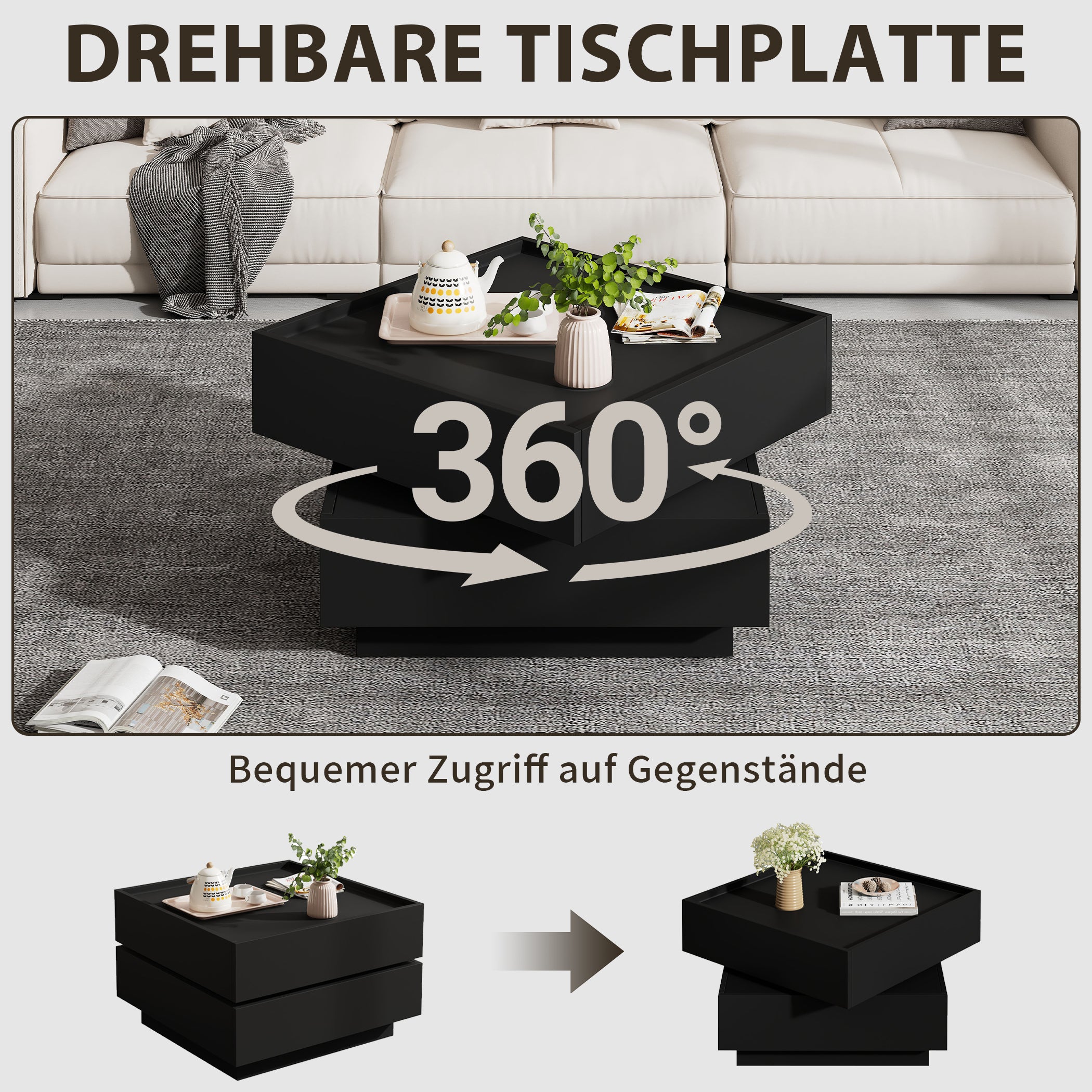 360° Drehbare Couchtisch mit 2 Schubladen