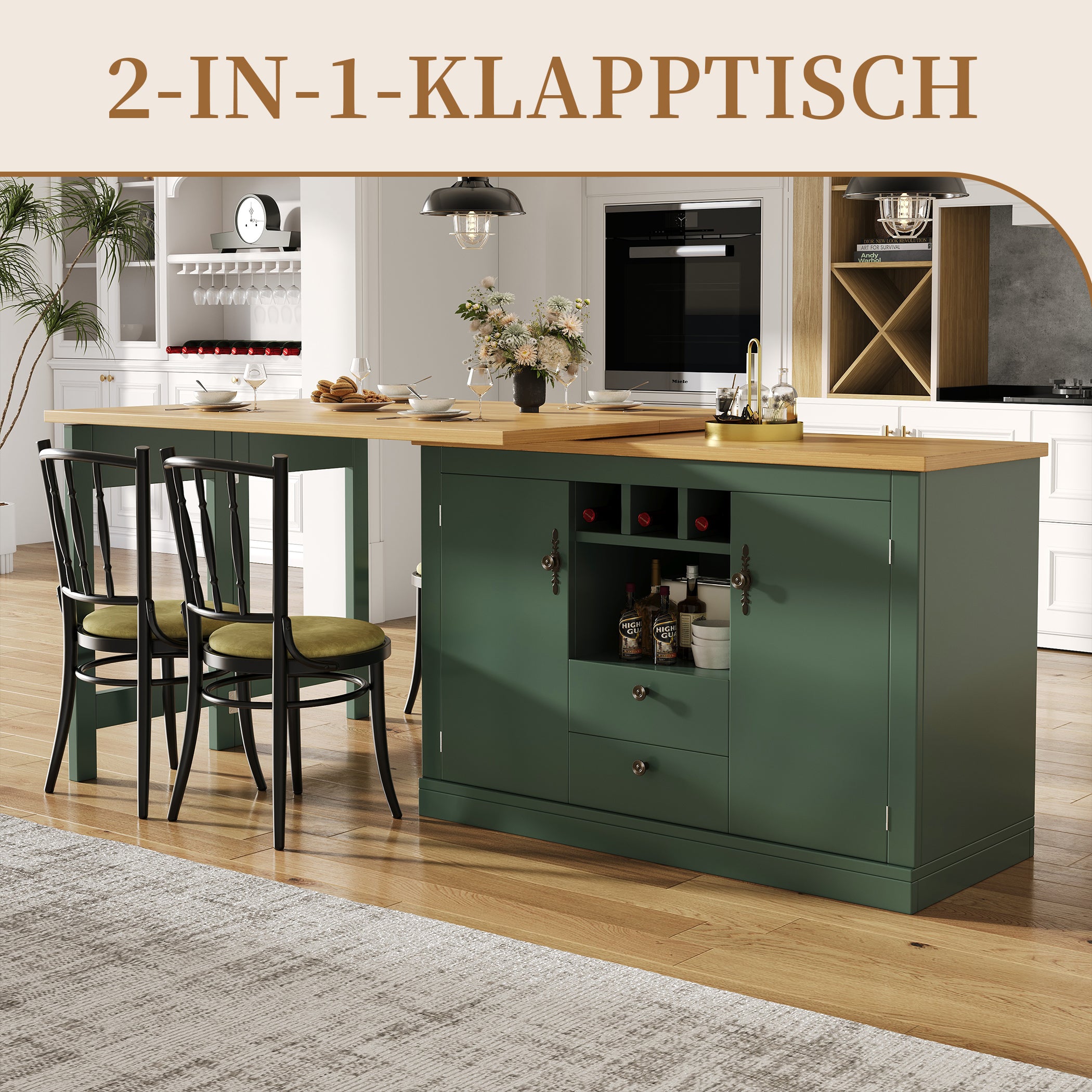 Ausziehbarer Bartisch mit 360° Drehfunktion und Stauraum, von 120-180cm
