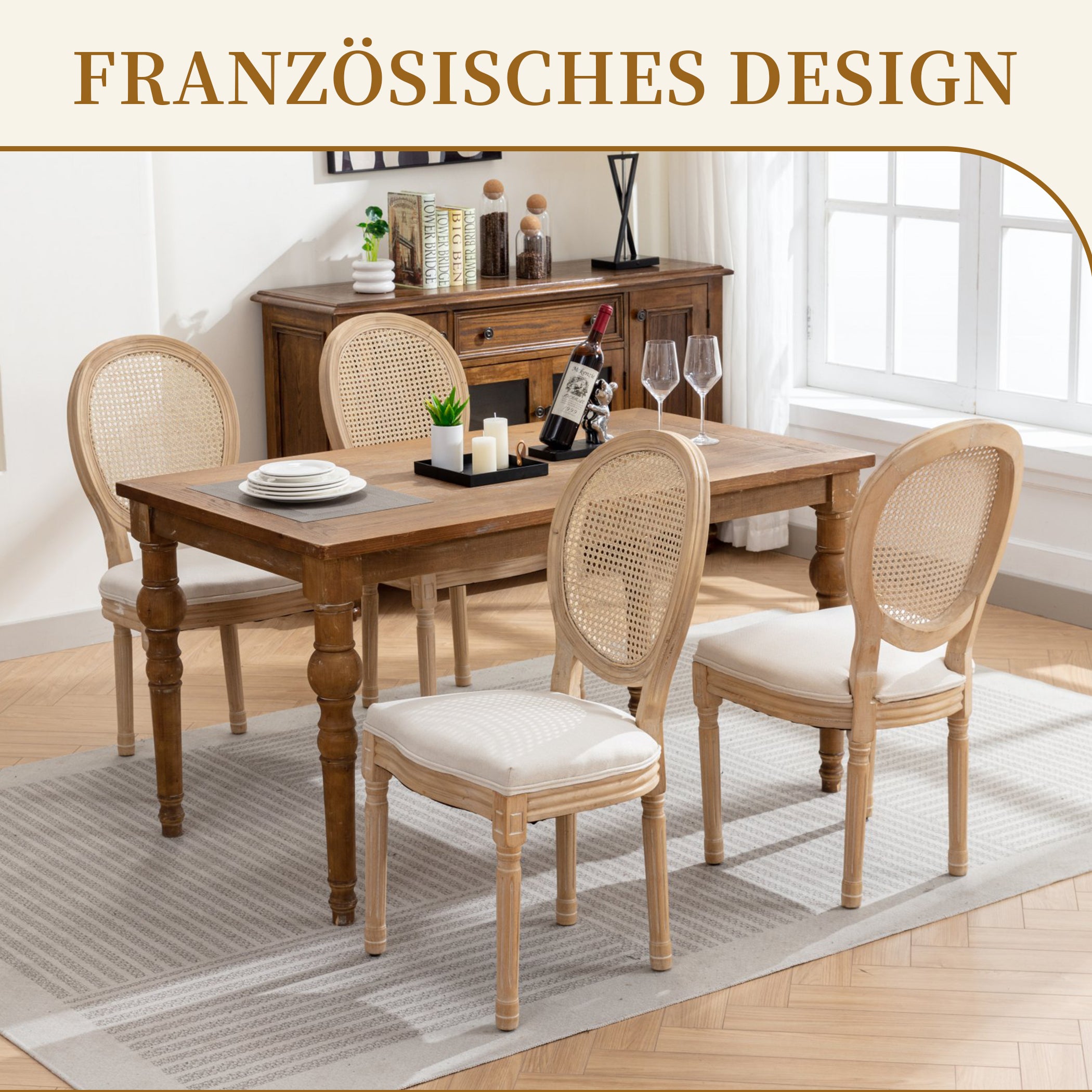Esszimmerstühle 2er Set mit Rattan-Rückenlehne