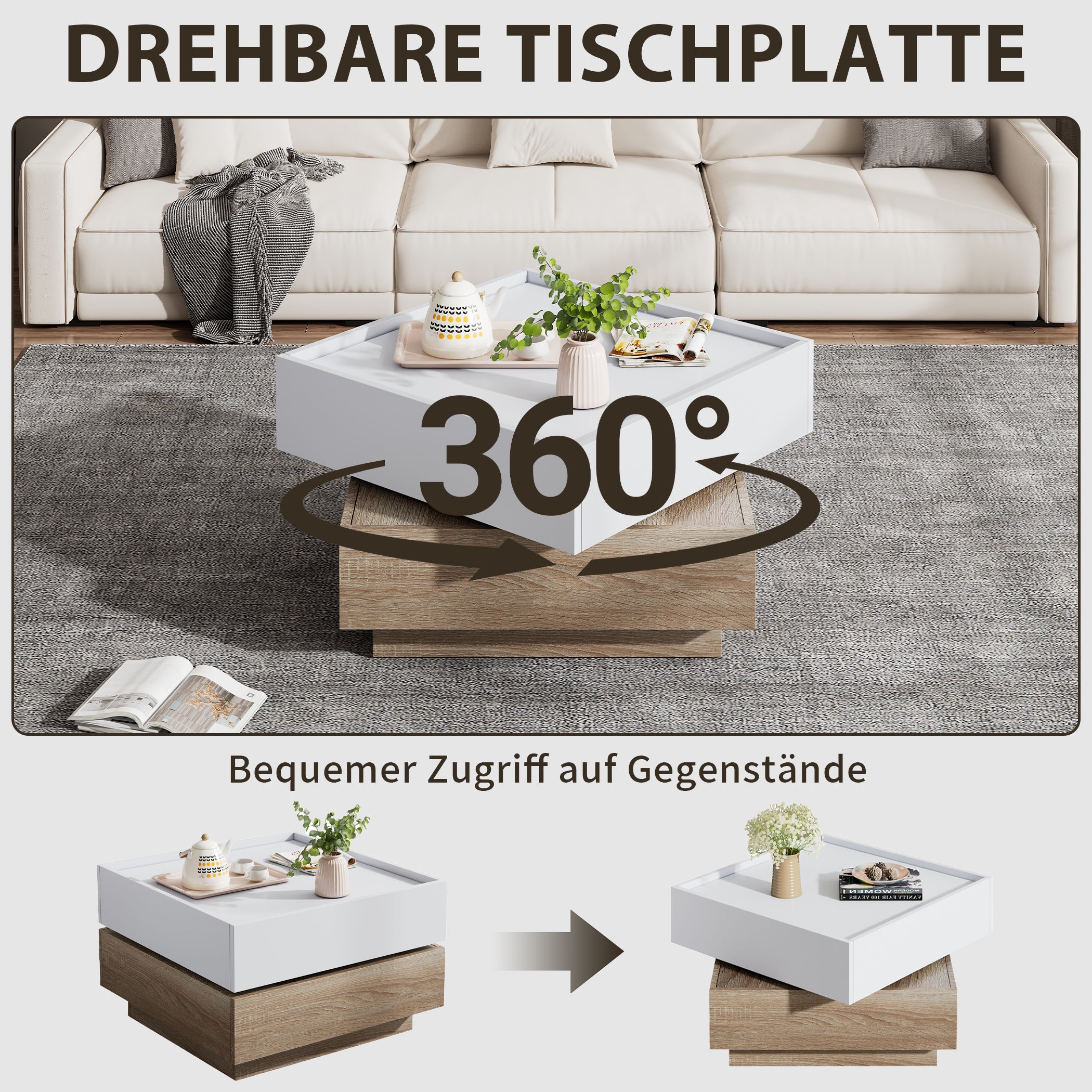 360° Drehbare Couchtisch mit 2 Schubladen