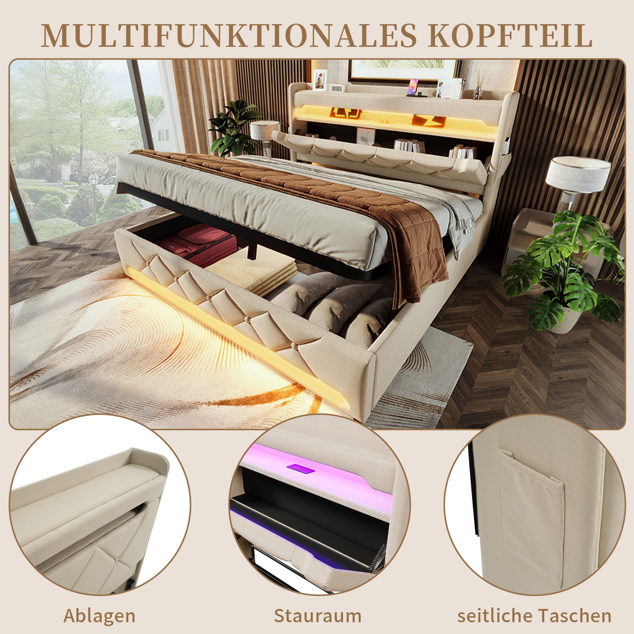 Polsterbett Leinen Stauraumbett mit LED & USB-Anschlüssen