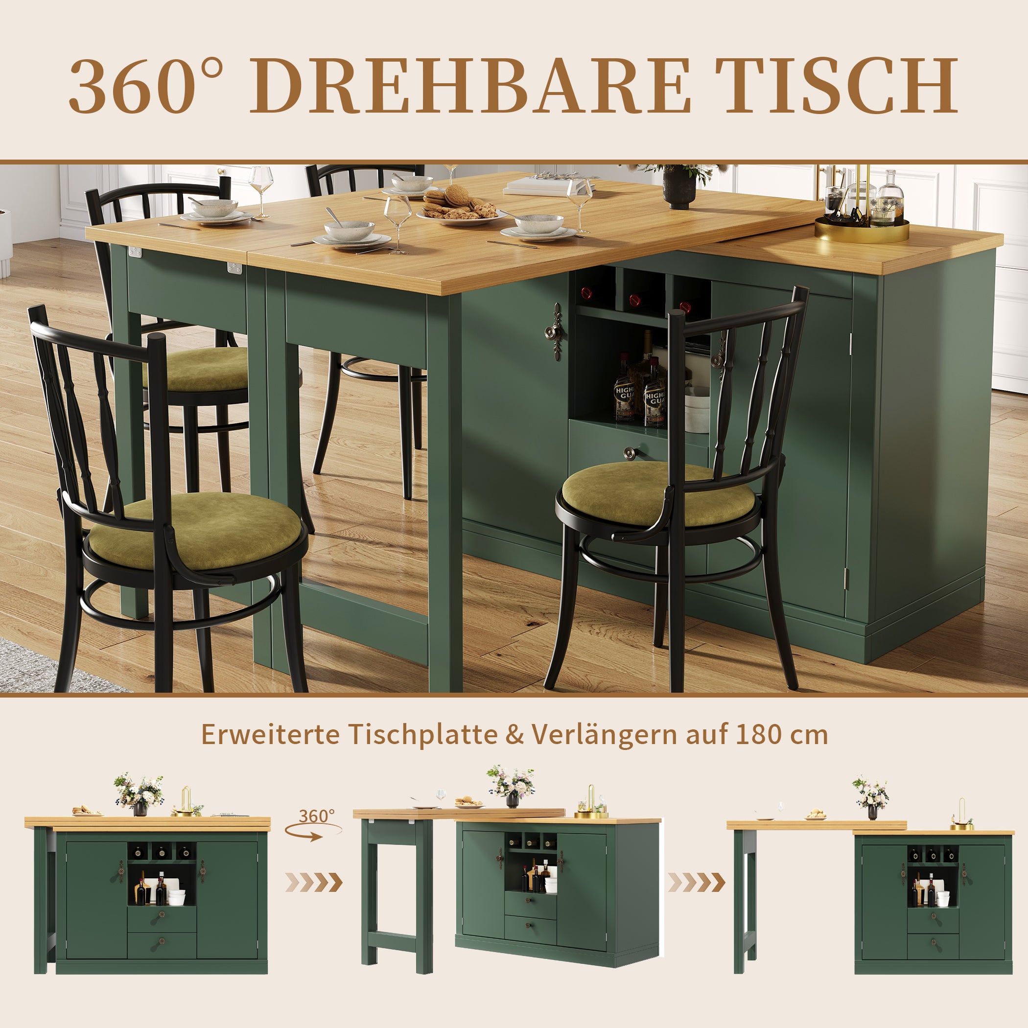 Ausziehbarer Bartisch mit 360° Drehfunktion und Stauraum, von 120-180cm