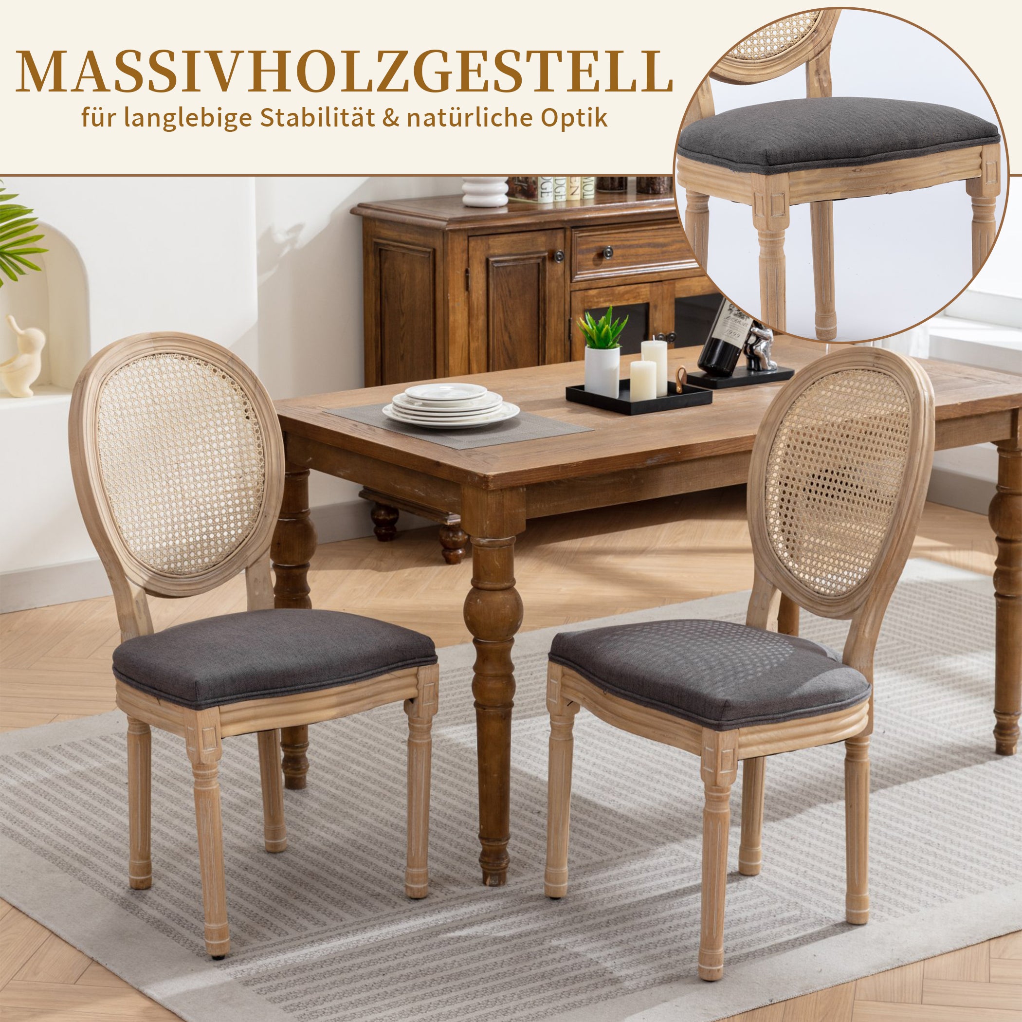 Esszimmerstühle 2er Set mit Rattan-Rückenlehne