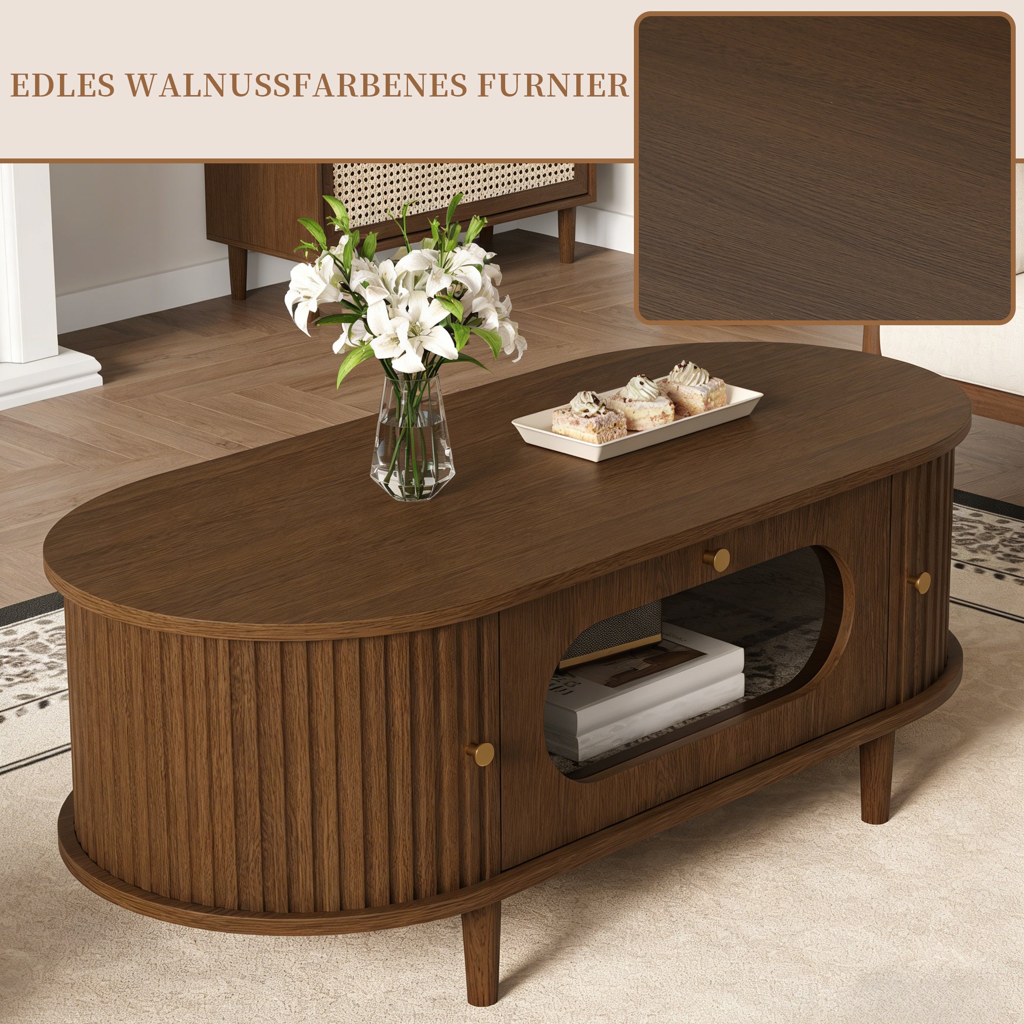 Ovaler Couchtisch mit Schiebetüren & Schublade