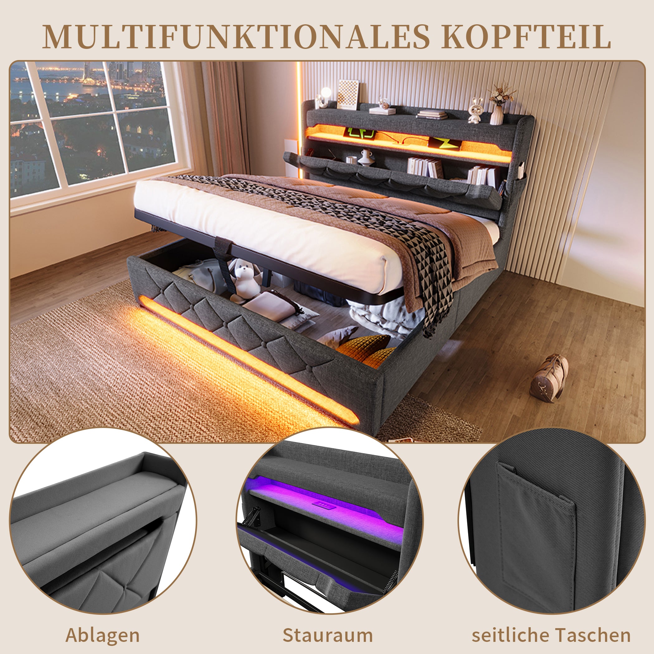 Polsterbett Leinen Stauraumbett mit LED & USB-Anschlüssen
