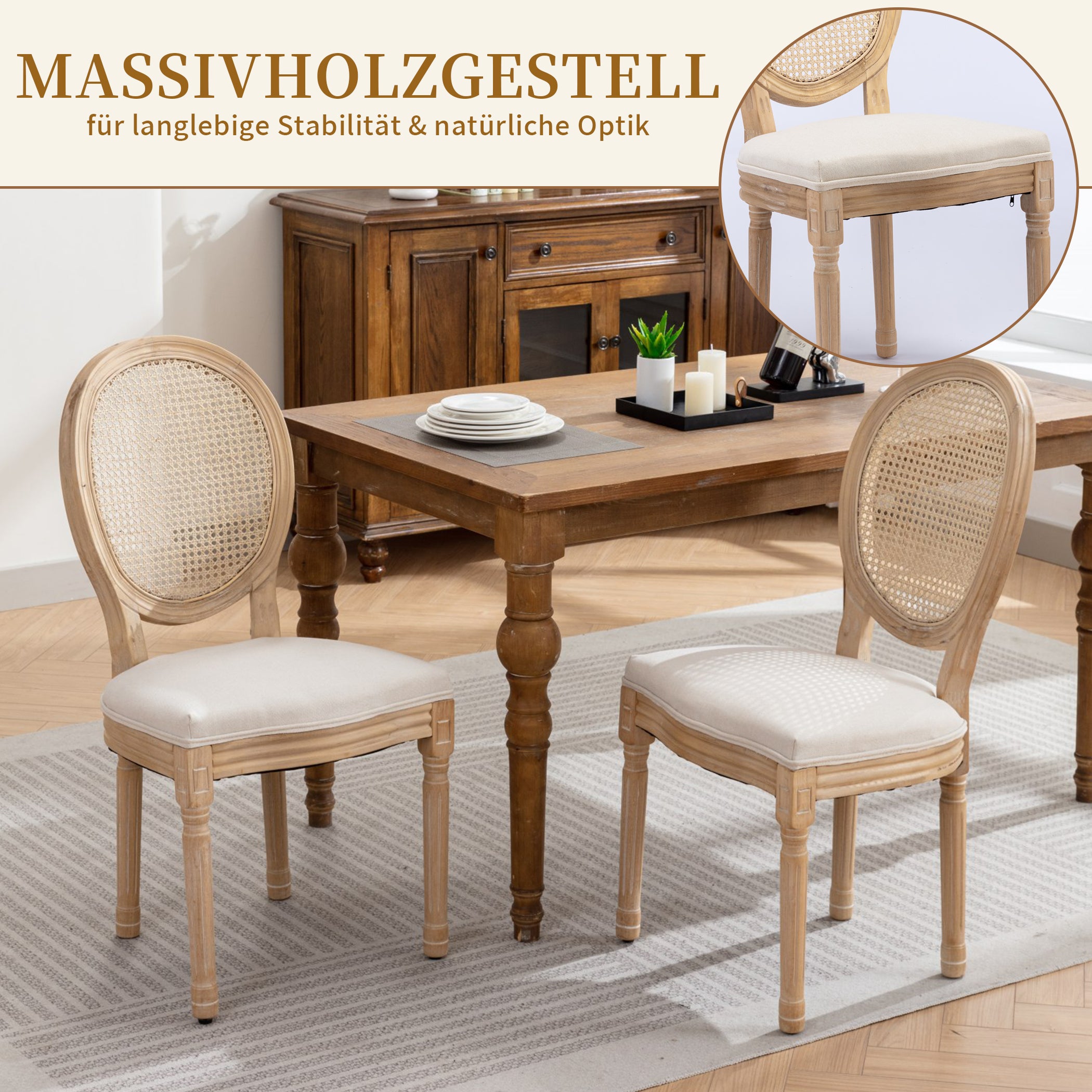 Esszimmerstühle 2er Set mit Rattan-Rückenlehne