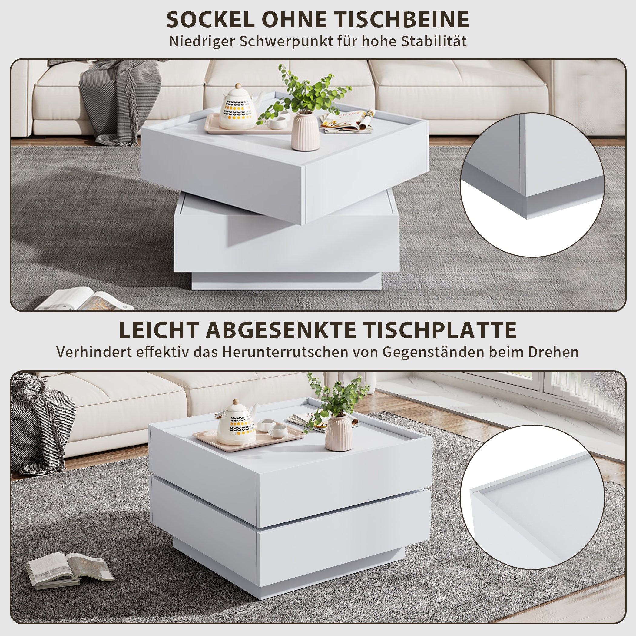 360° Drehbare Couchtisch mit 2 Schubladen