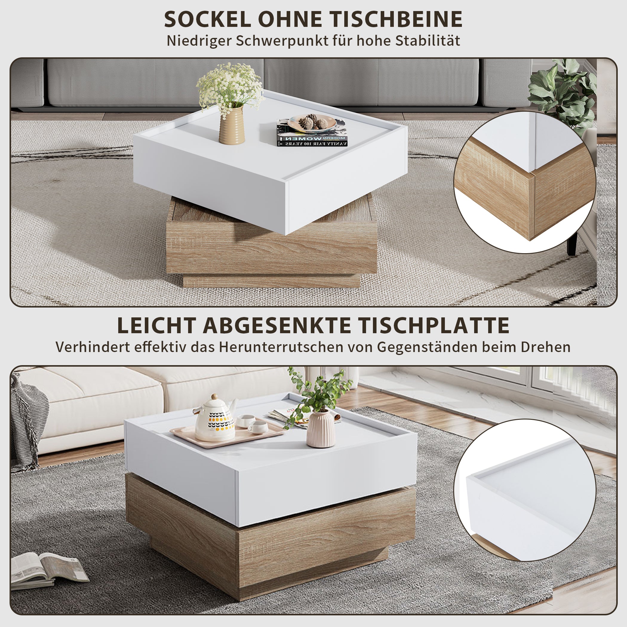 360° Drehbare Couchtisch mit 2 Schubladen