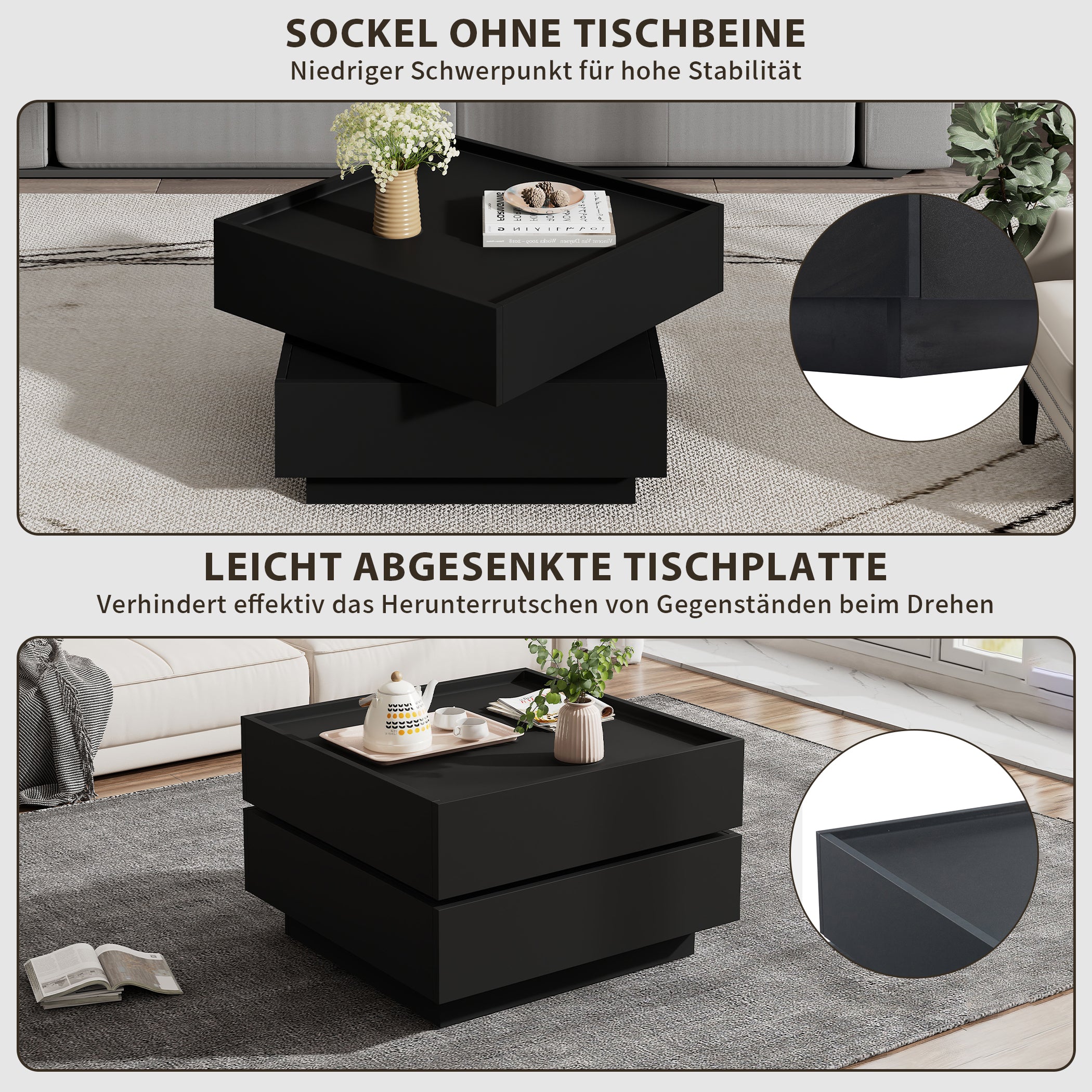 360° Drehbare Couchtisch mit 2 Schubladen