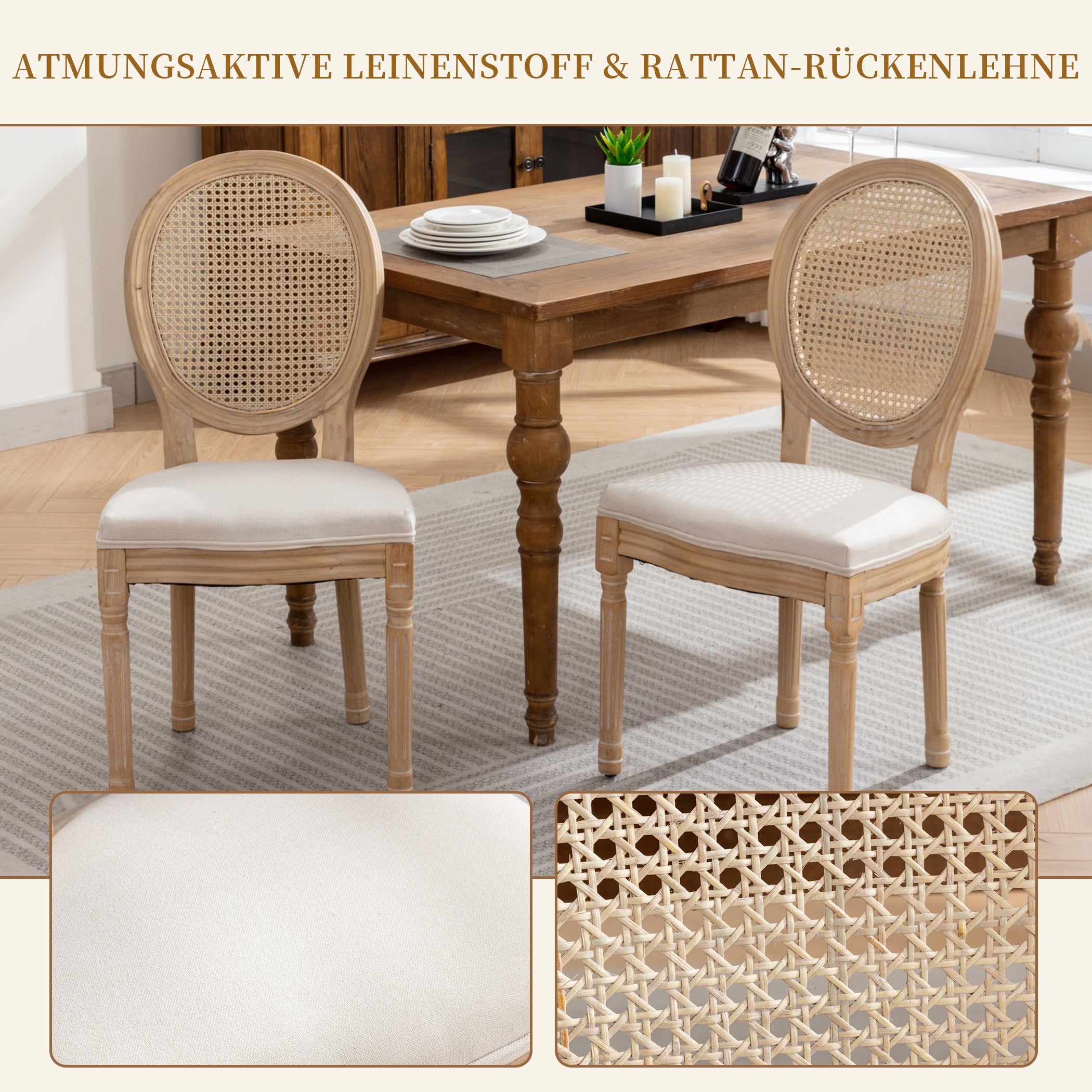 Esszimmerstühle 2er Set mit Rattan-Rückenlehne