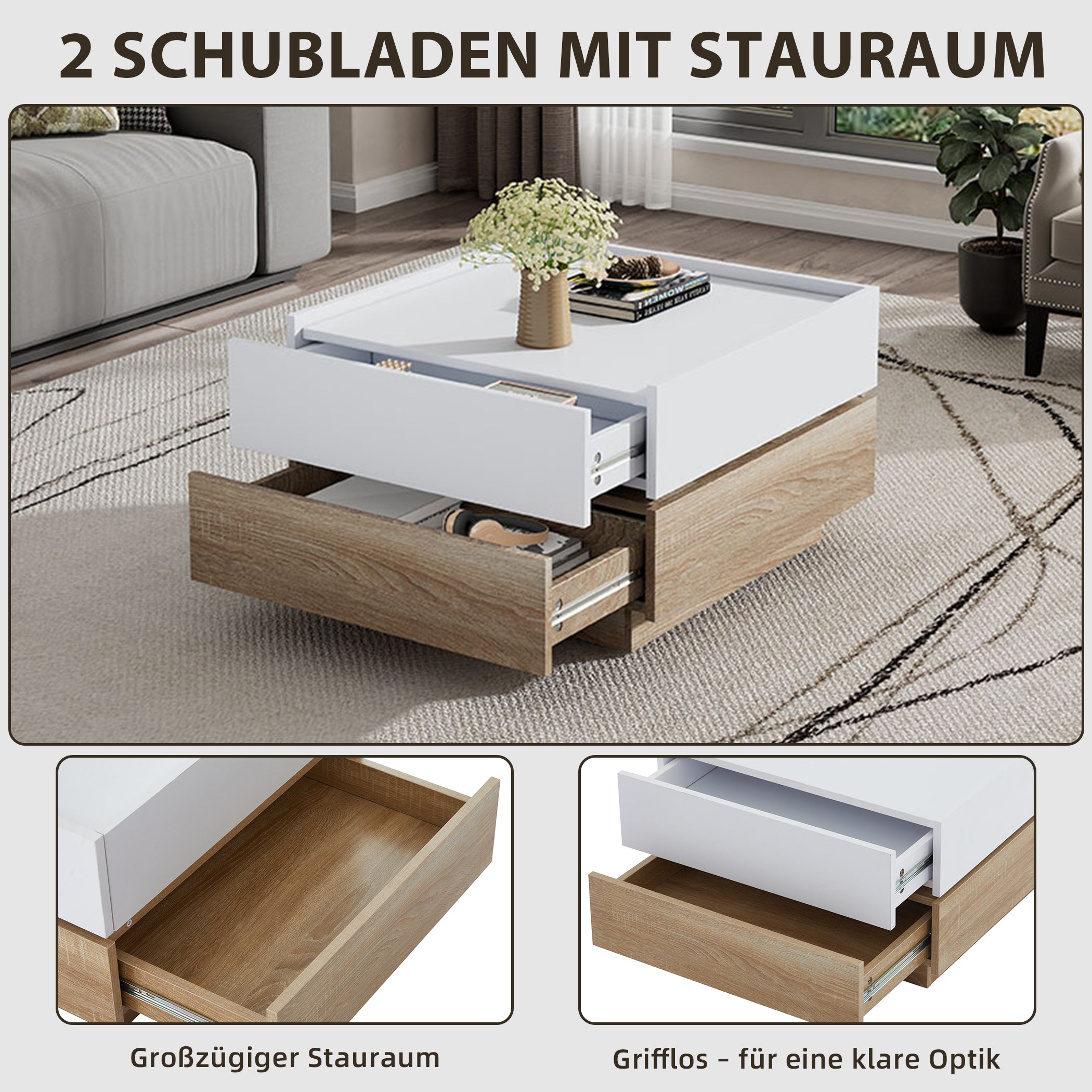 360° Drehbare Couchtisch mit 2 Schubladen