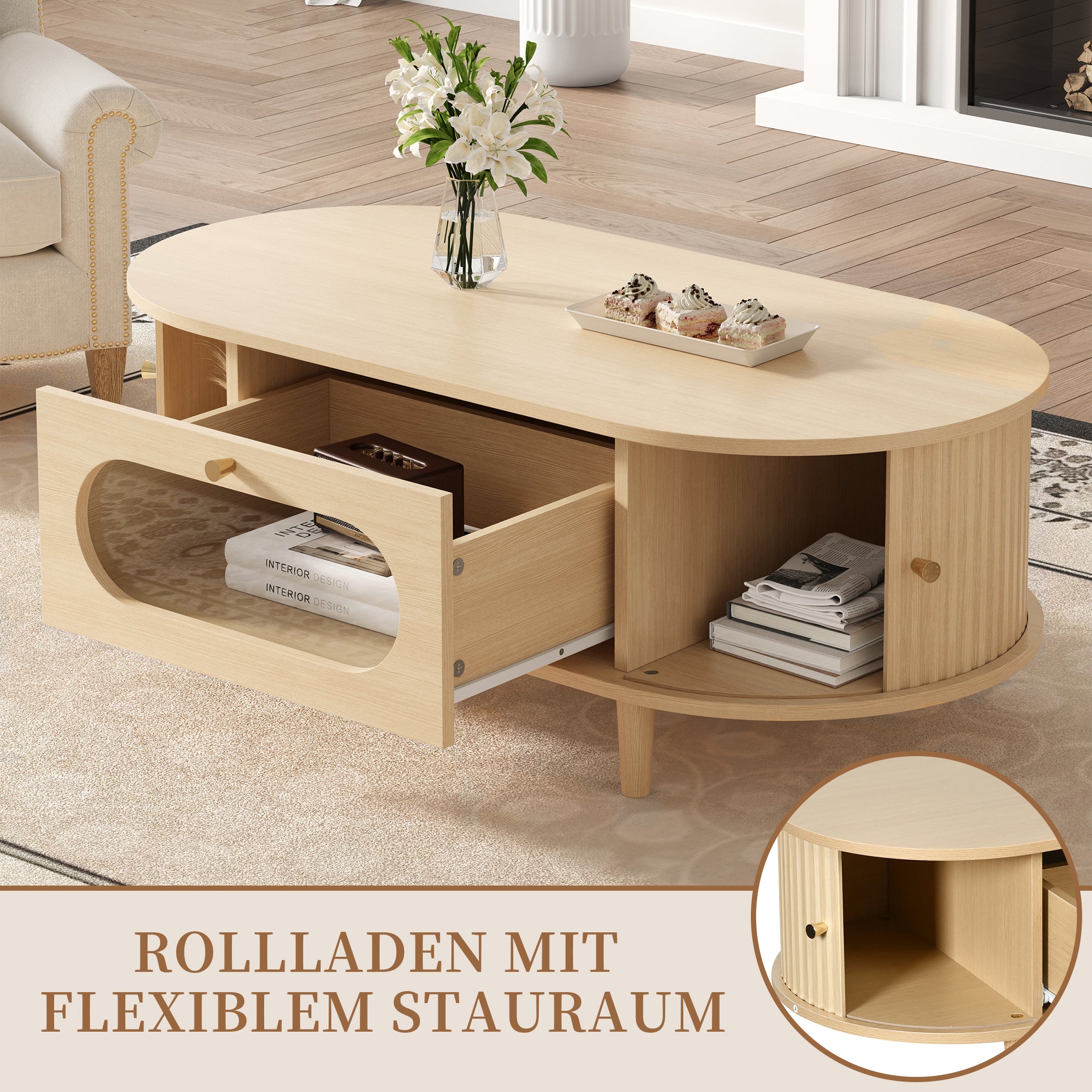 Ovaler Couchtisch mit Schiebetüren & Schublade