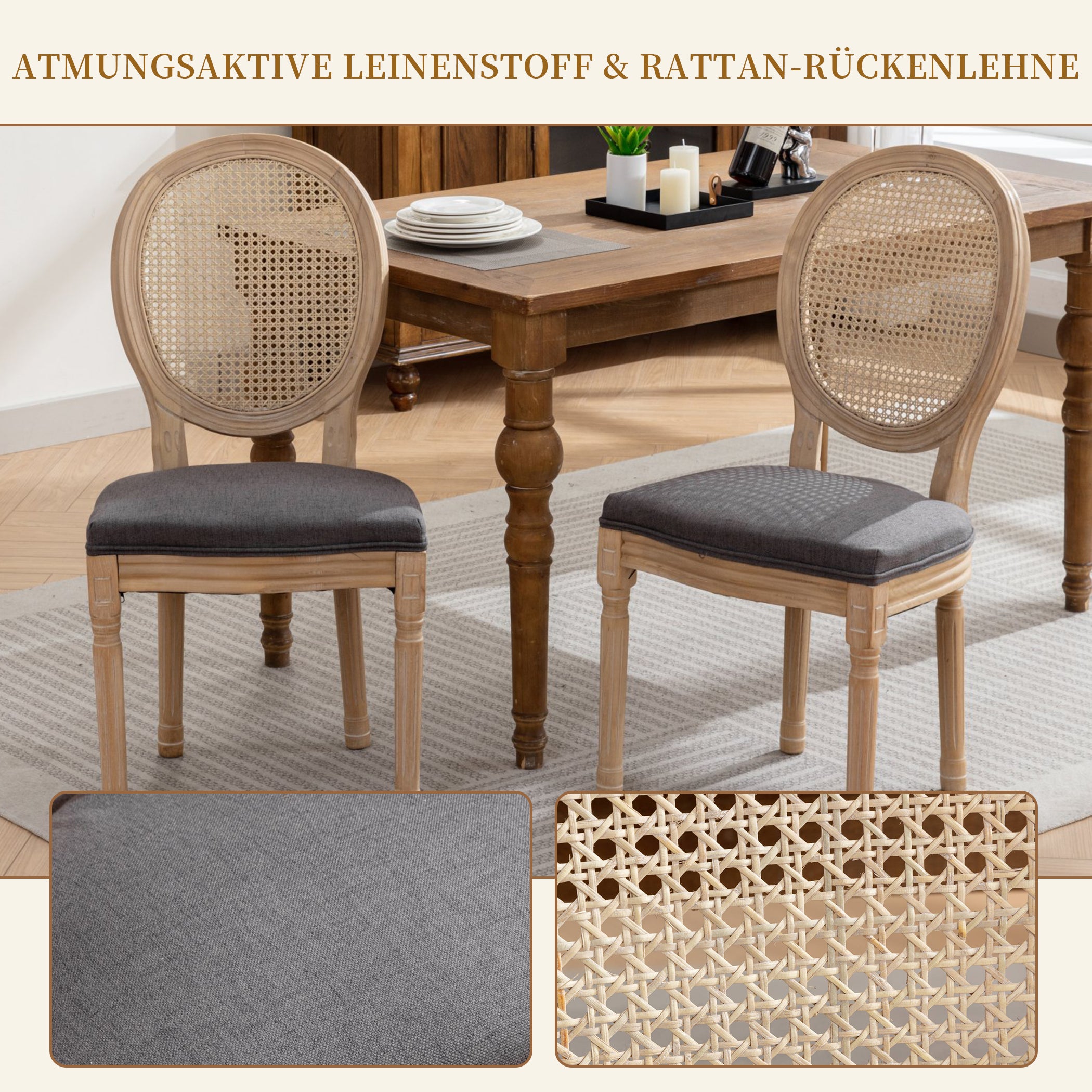 Esszimmerstühle 2er Set mit Rattan-Rückenlehne