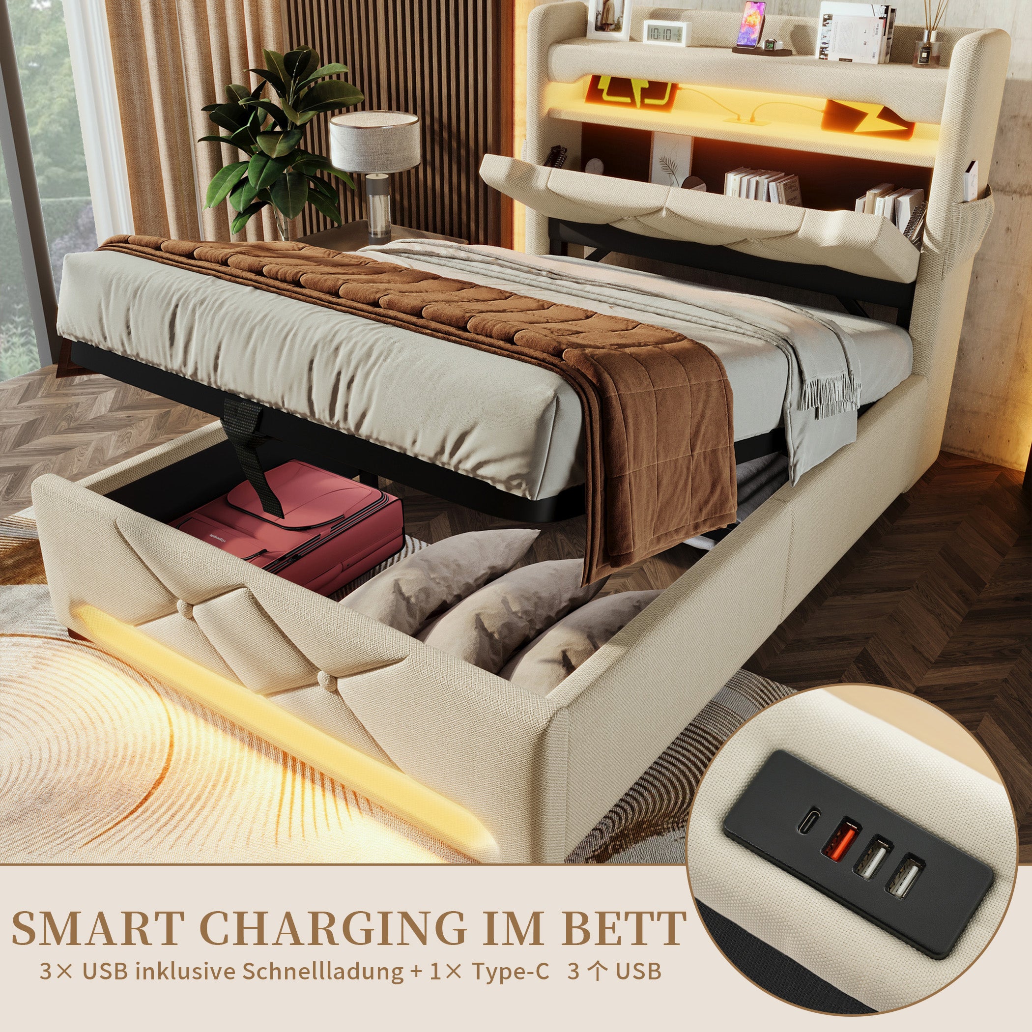 Polsterbett Leinen Stauraumbett mit LED & USB-Anschlüssen