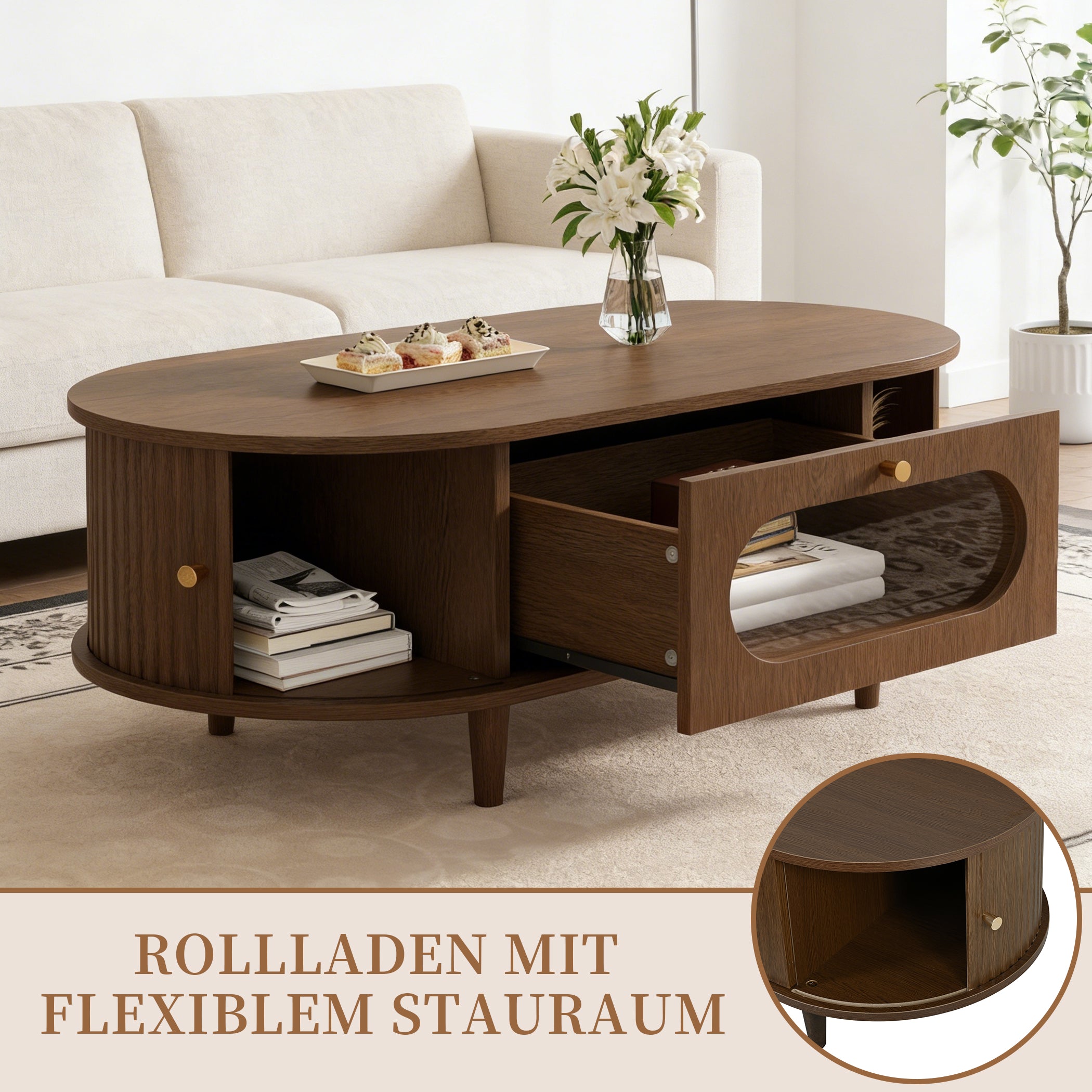 Ovaler Couchtisch mit Schiebetüren & Schublade