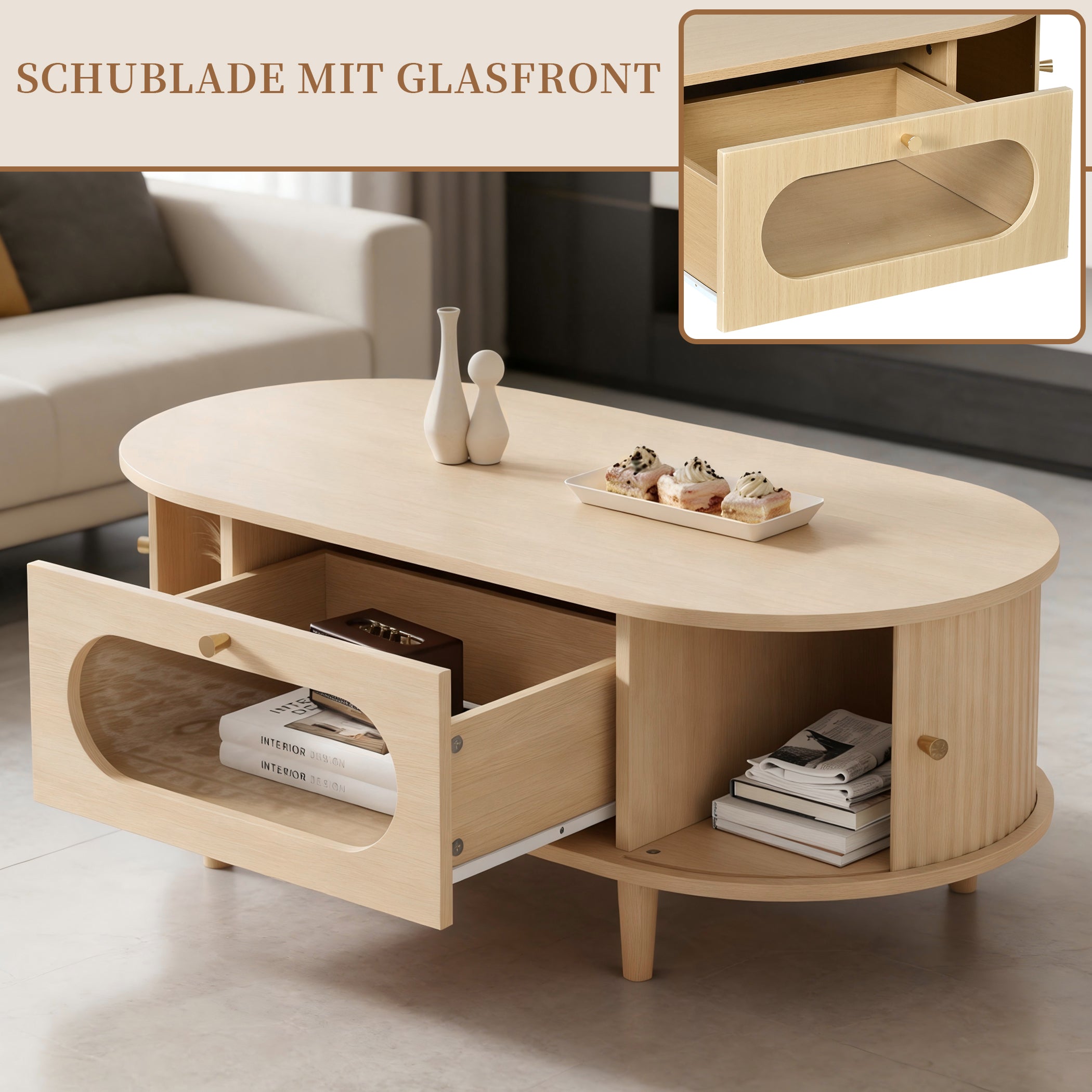 Ovaler Couchtisch mit Schiebetüren & Schublade