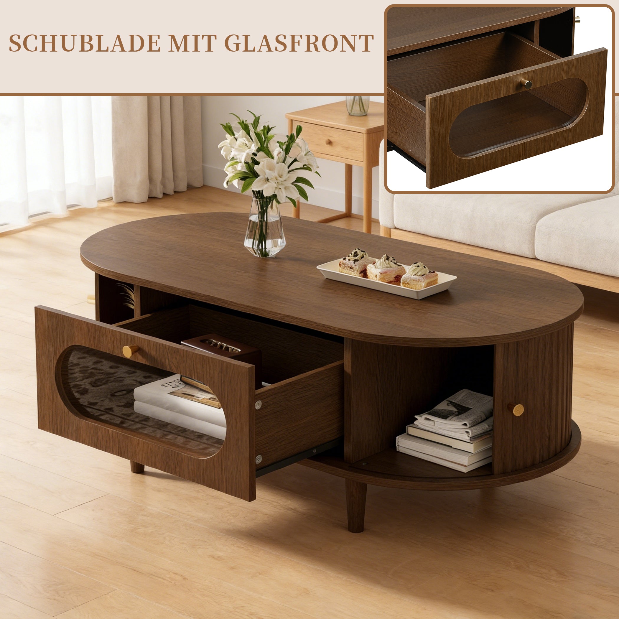 Ovaler Couchtisch mit Schiebetüren & Schublade