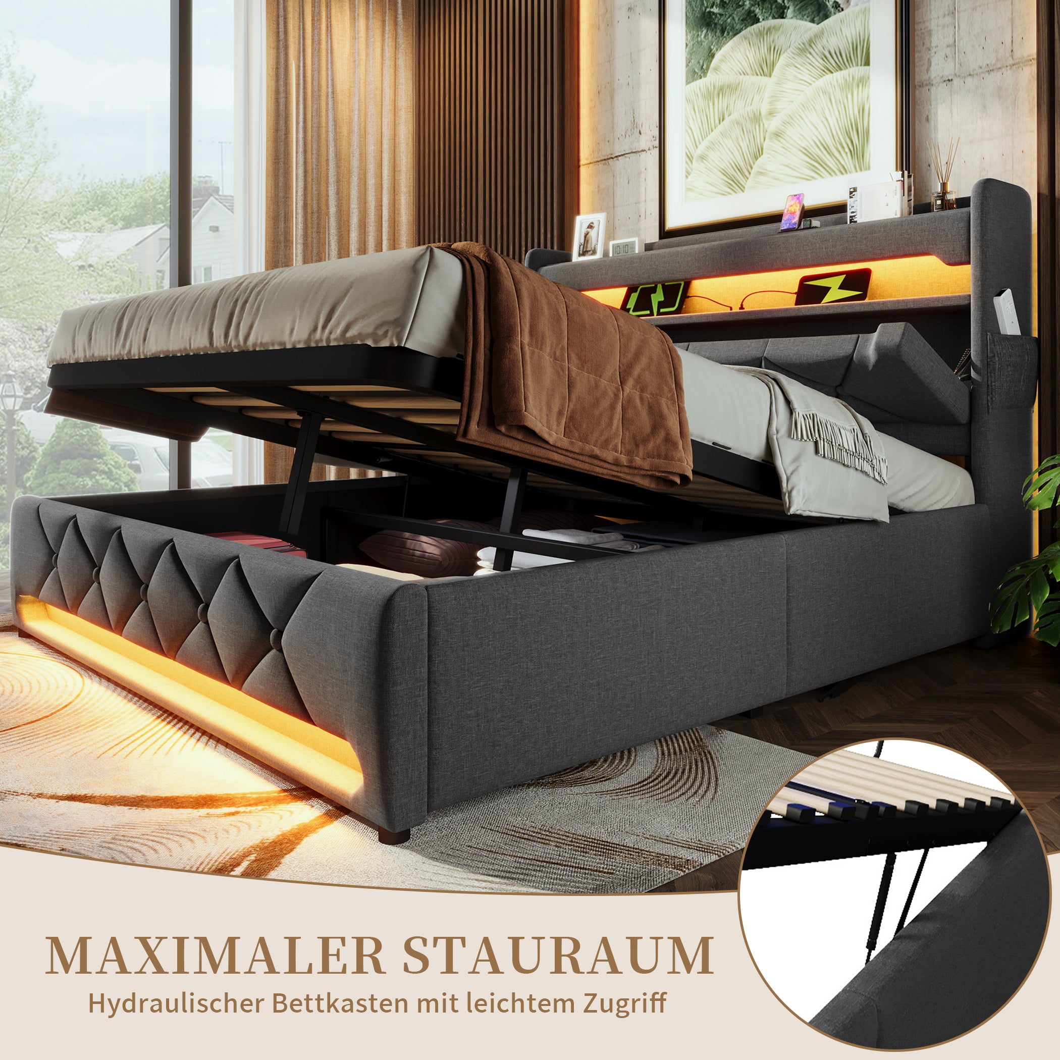 Polsterbett Leinen Stauraumbett mit LED & USB-Anschlüssen
