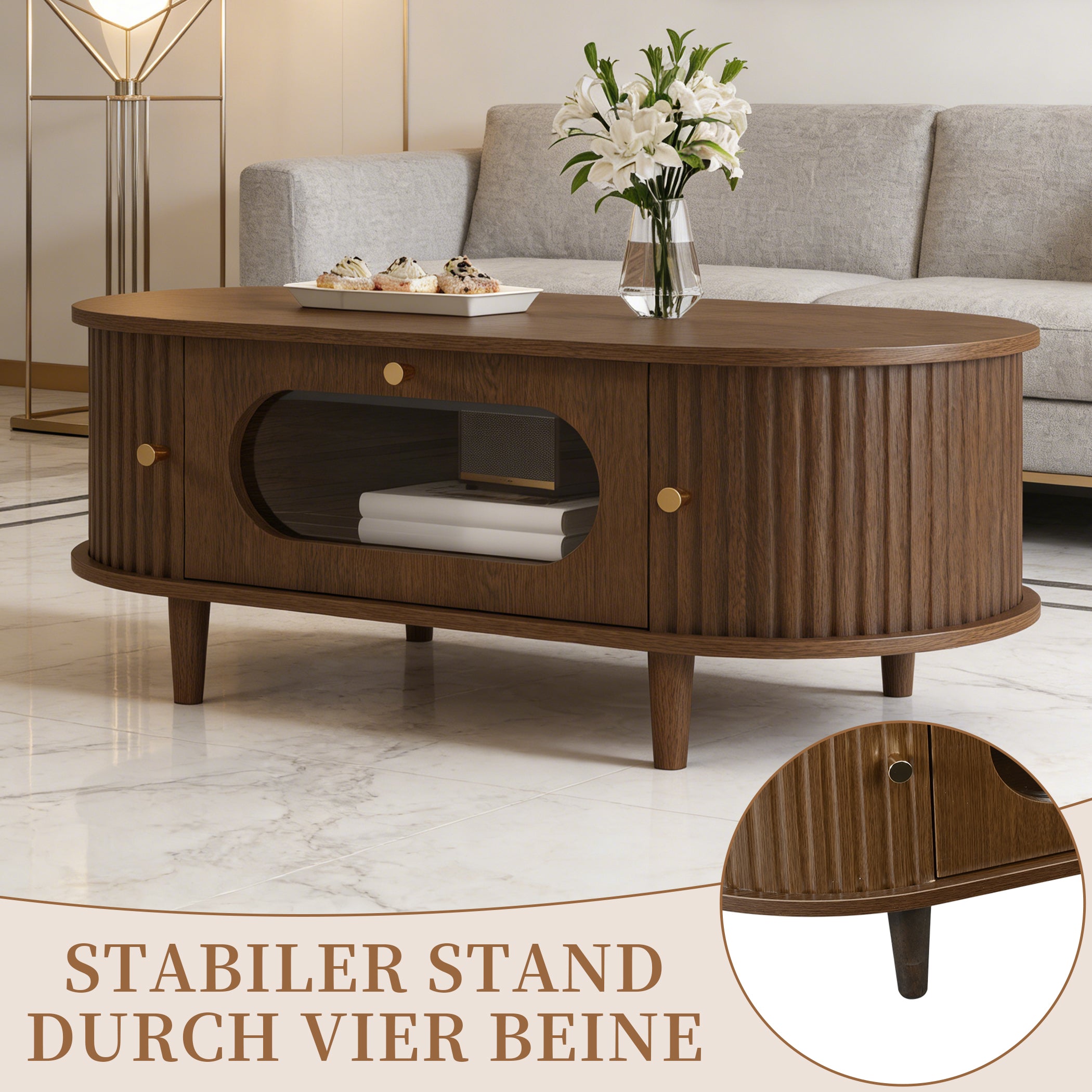 Ovaler Couchtisch mit Schiebetüren & Schublade