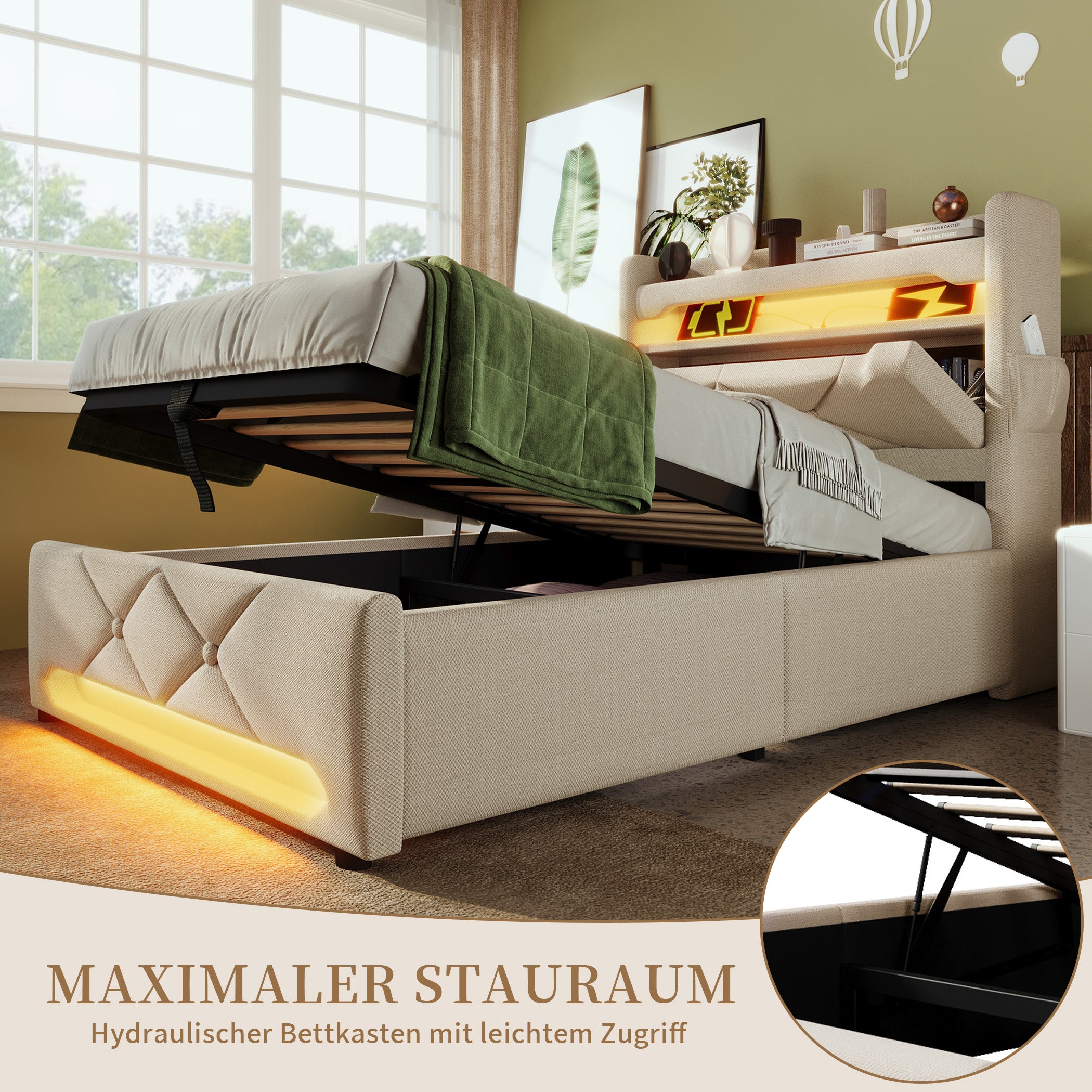 Polsterbett Leinen Stauraumbett mit LED & USB-Anschlüssen