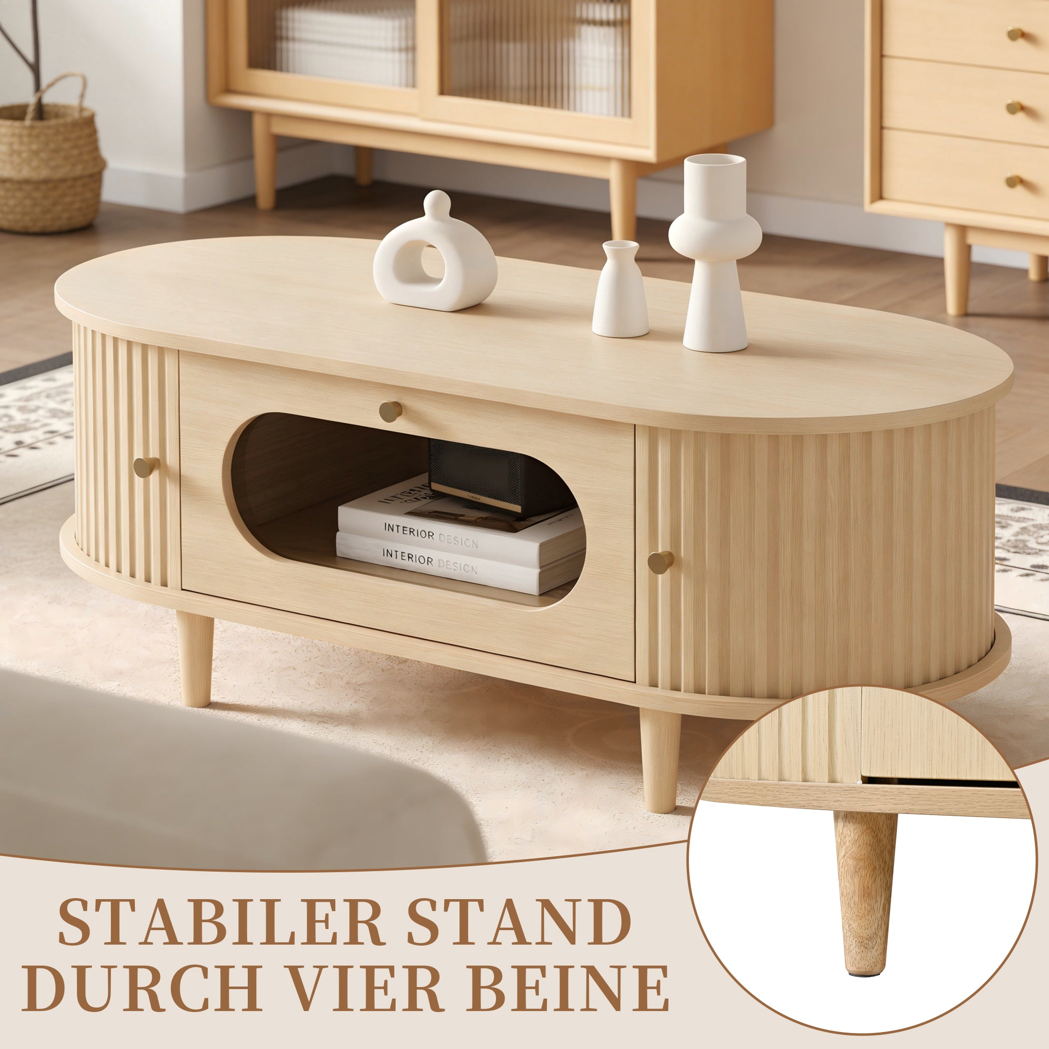 Ovaler Couchtisch mit Schiebetüren & Schublade