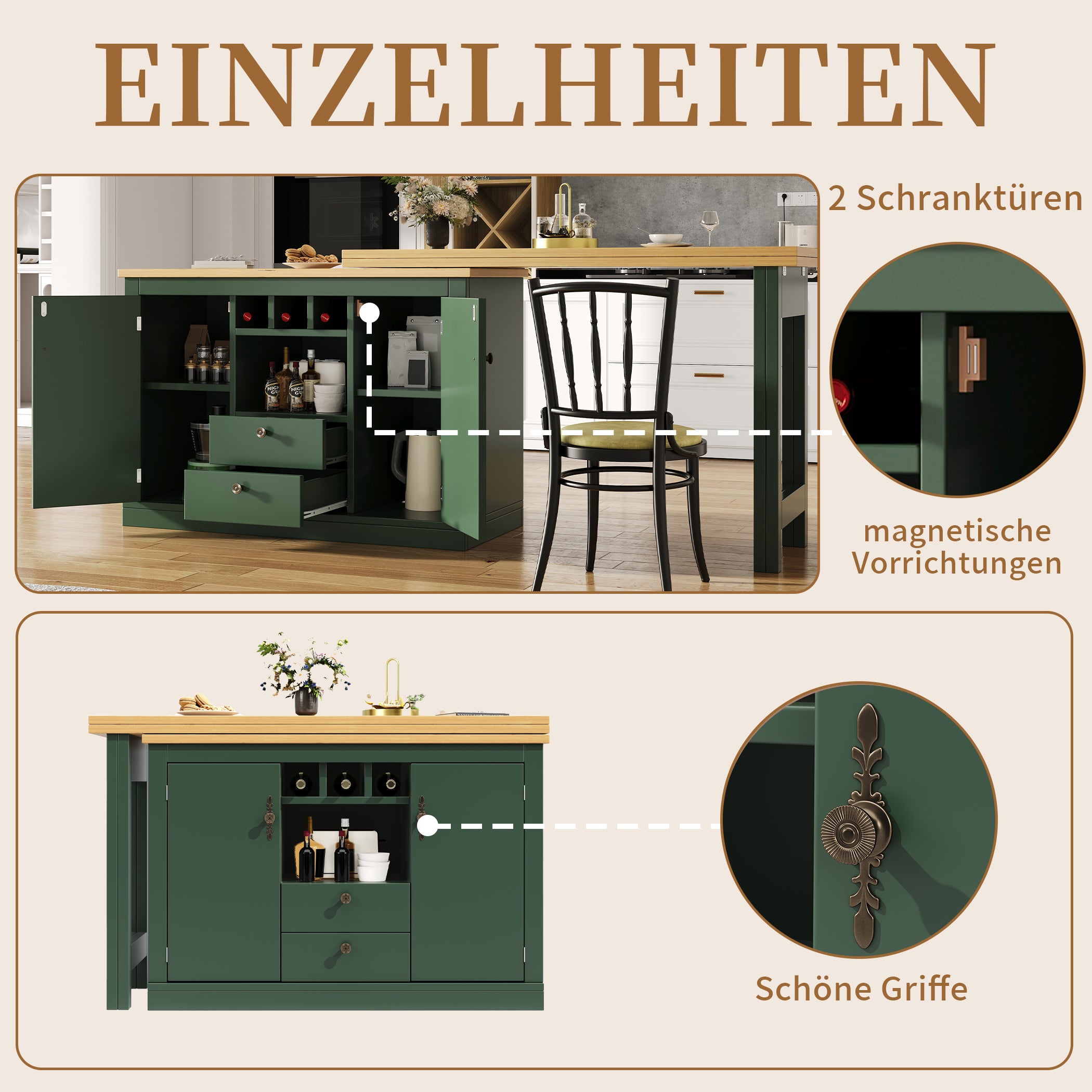 Ausziehbarer Bartisch mit 360° Drehfunktion und Stauraum, von 120-180cm
