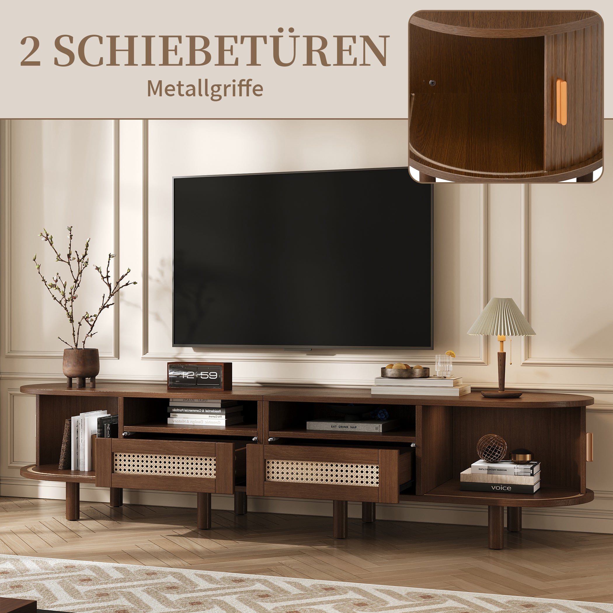 Ovaler TV Lowboard mit 2 Schiebetüren