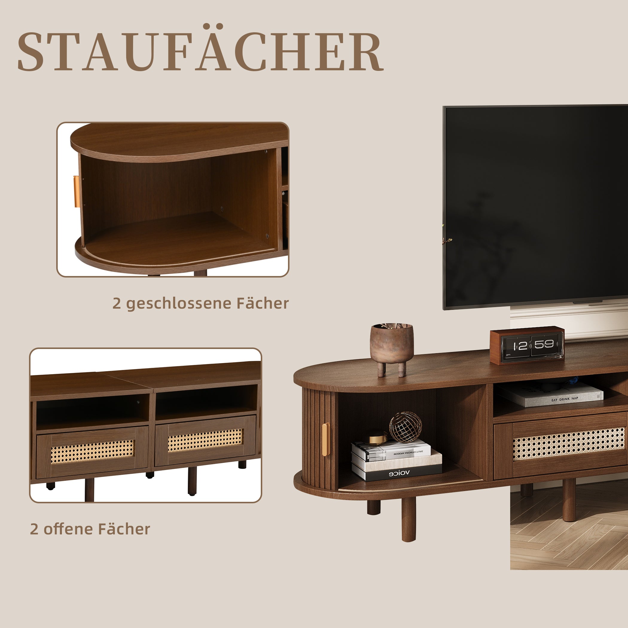Ovaler TV Lowboard mit 2 Schiebetüren
