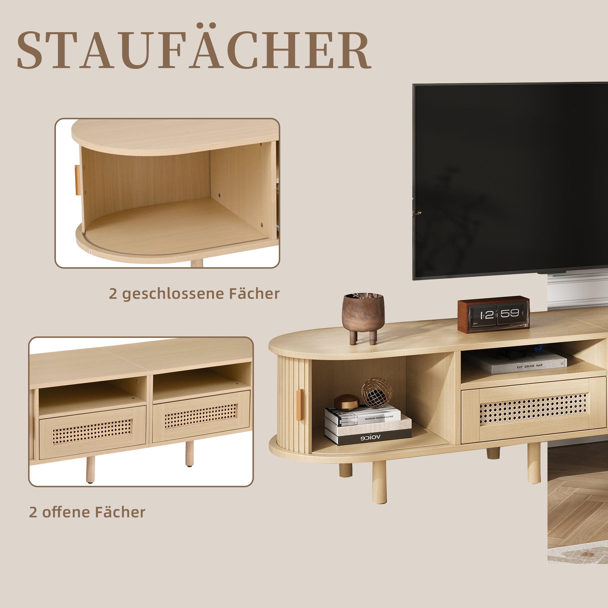 Ovaler TV Lowboard mit 2 Schiebetüren