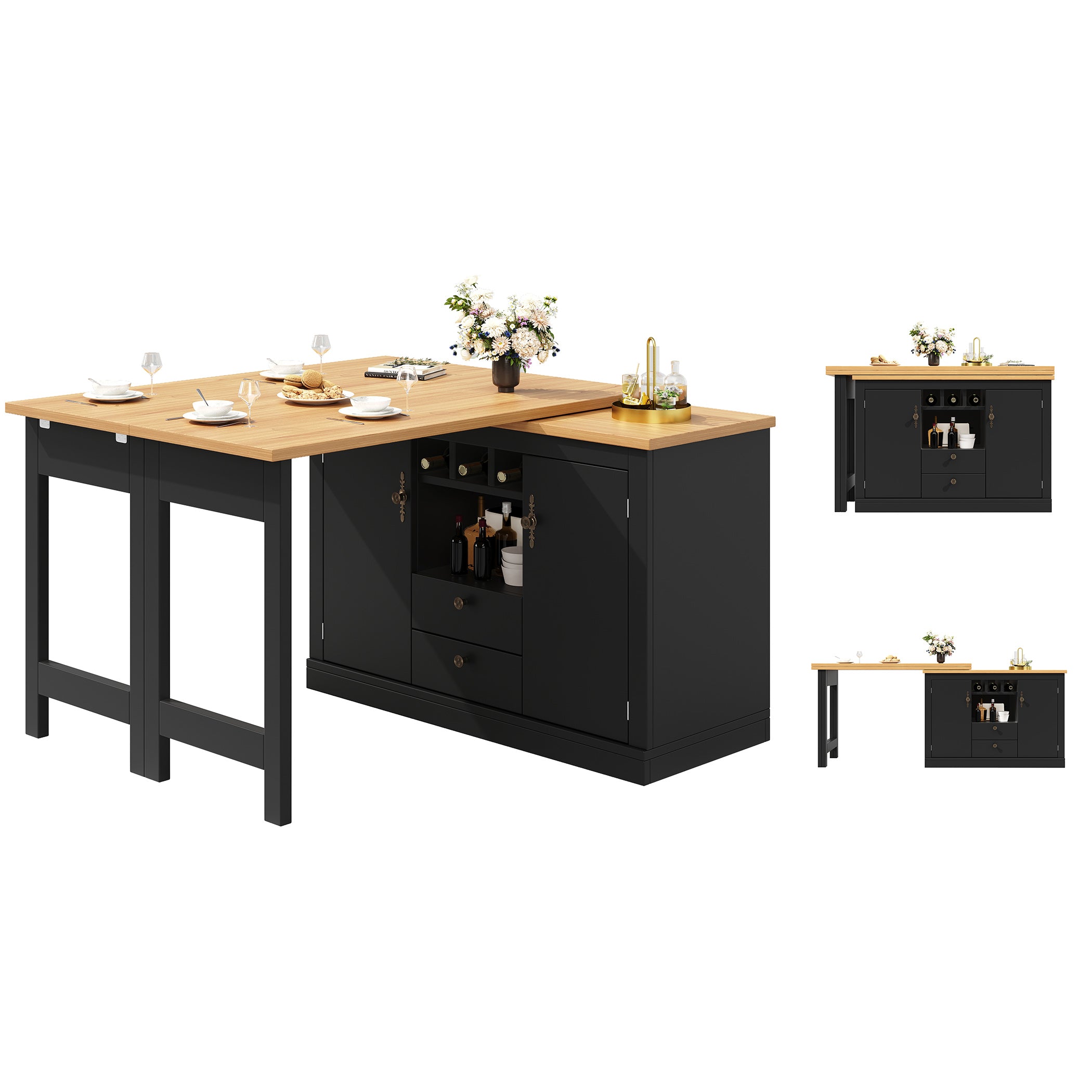 Ausziehbarer Bartisch mit 360° Drehfunktion und Stauraum, von 120-180cm