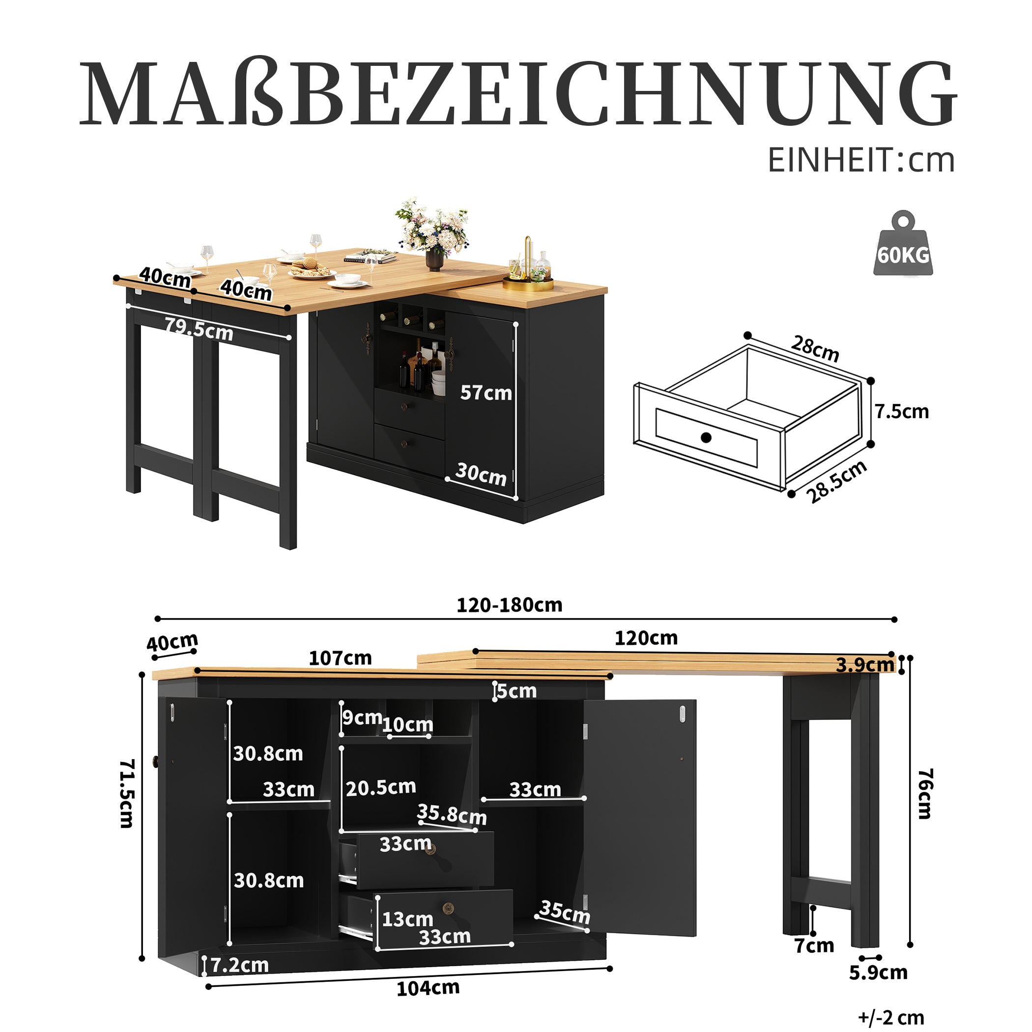 Ausziehbarer Bartisch mit 360° Drehfunktion und Stauraum, von 120-180cm