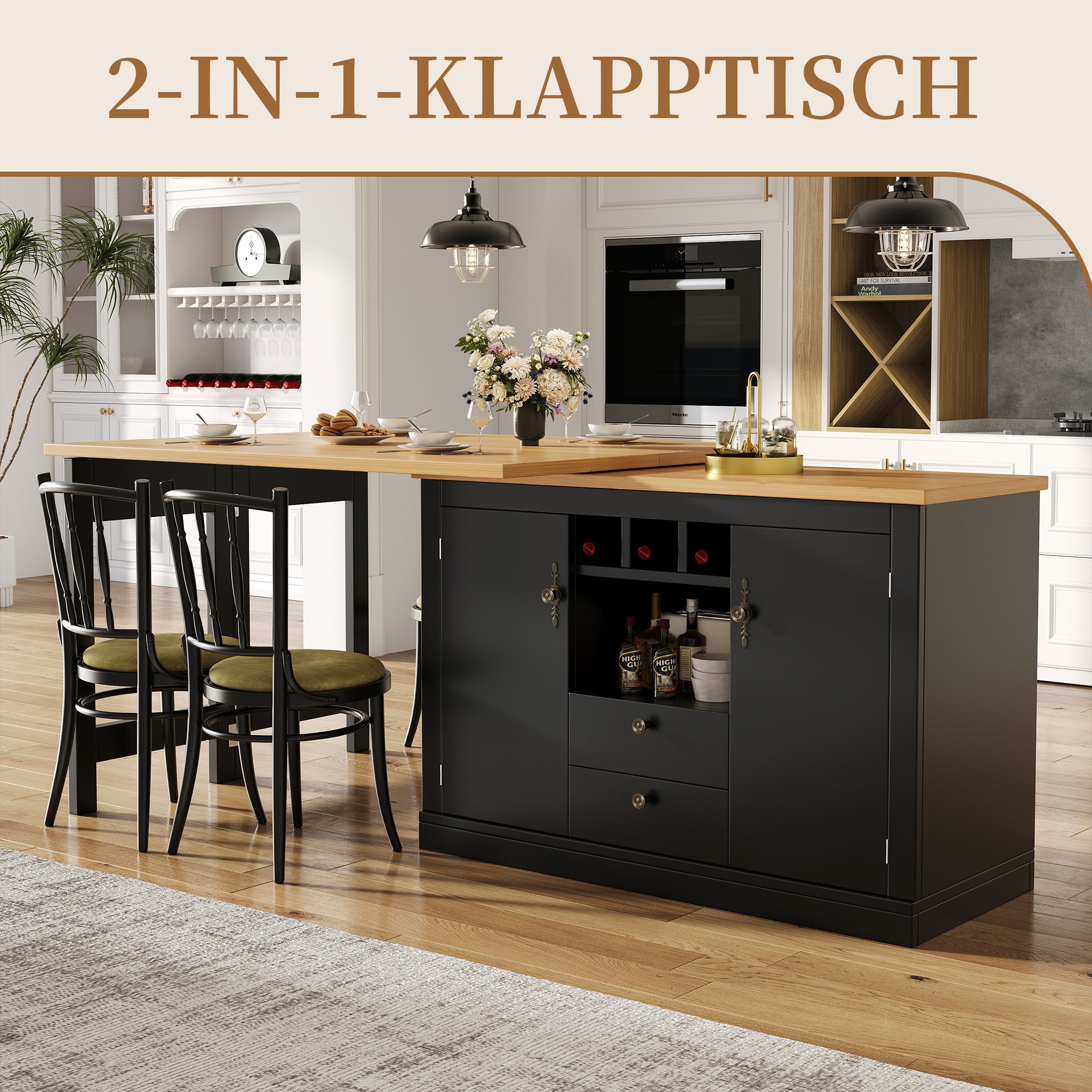 Ausziehbarer Bartisch mit 360° Drehfunktion und Stauraum, von 120-180cm