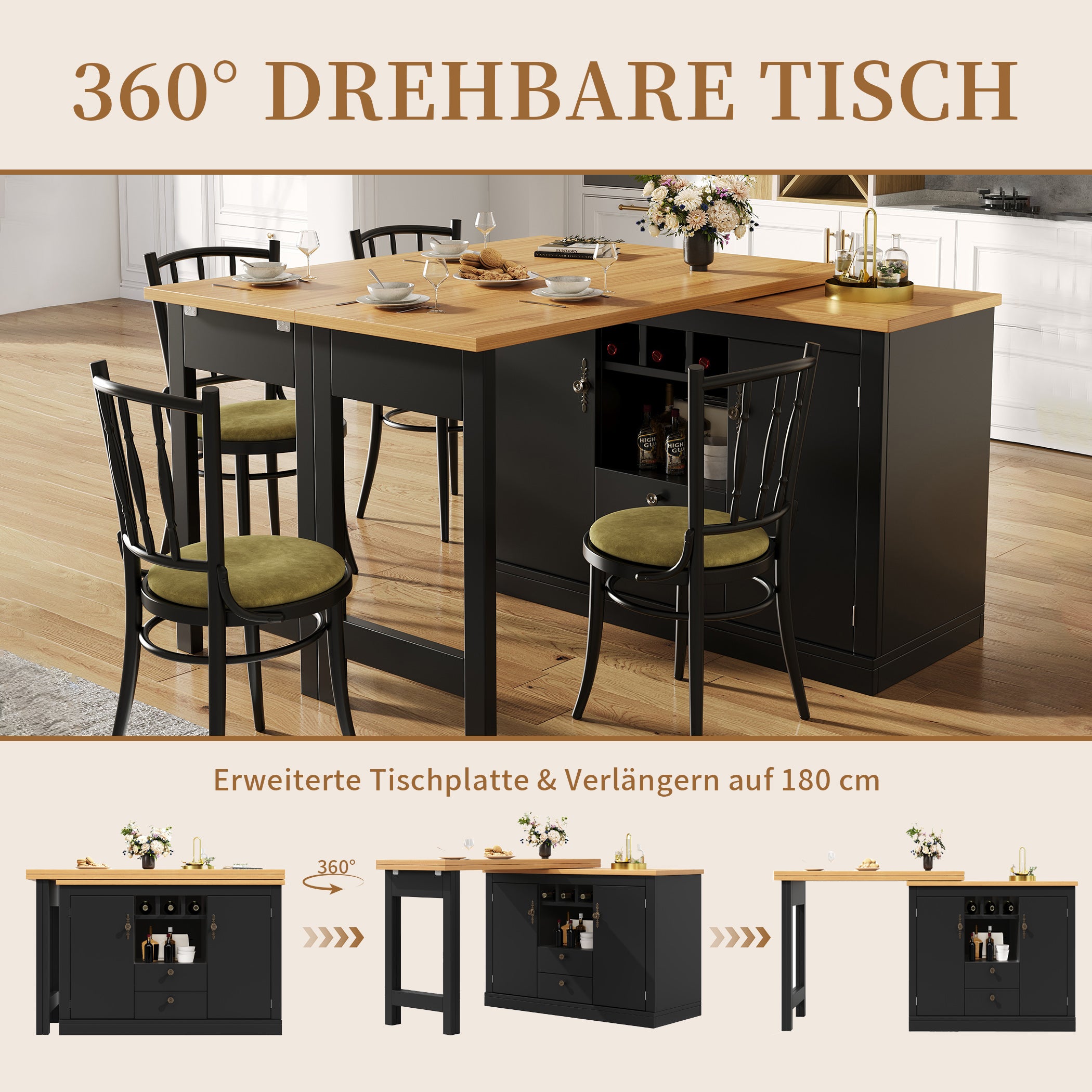 Ausziehbarer Bartisch mit 360° Drehfunktion und Stauraum, von 120-180cm