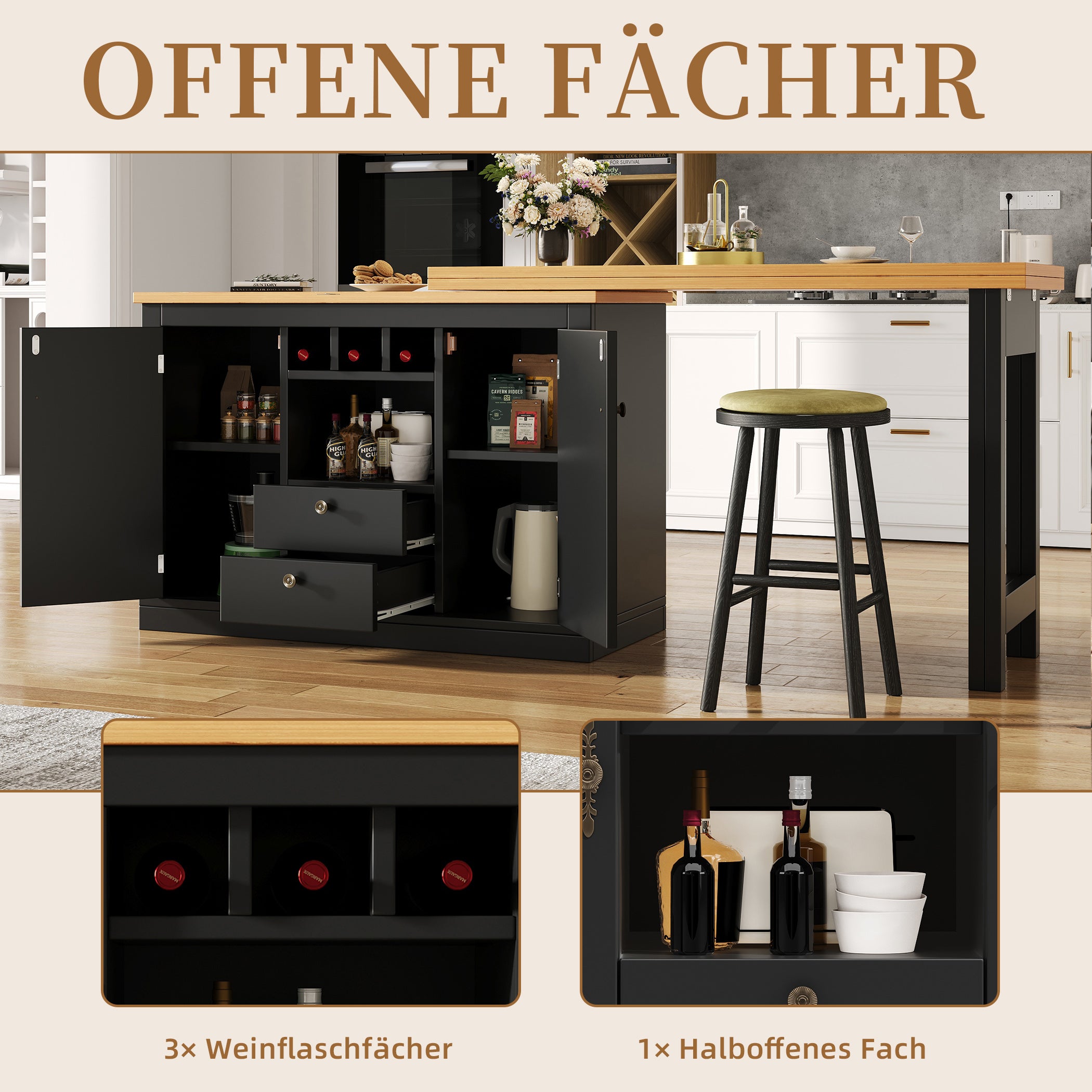 Ausziehbarer Bartisch mit 360° Drehfunktion und Stauraum, von 120-180cm